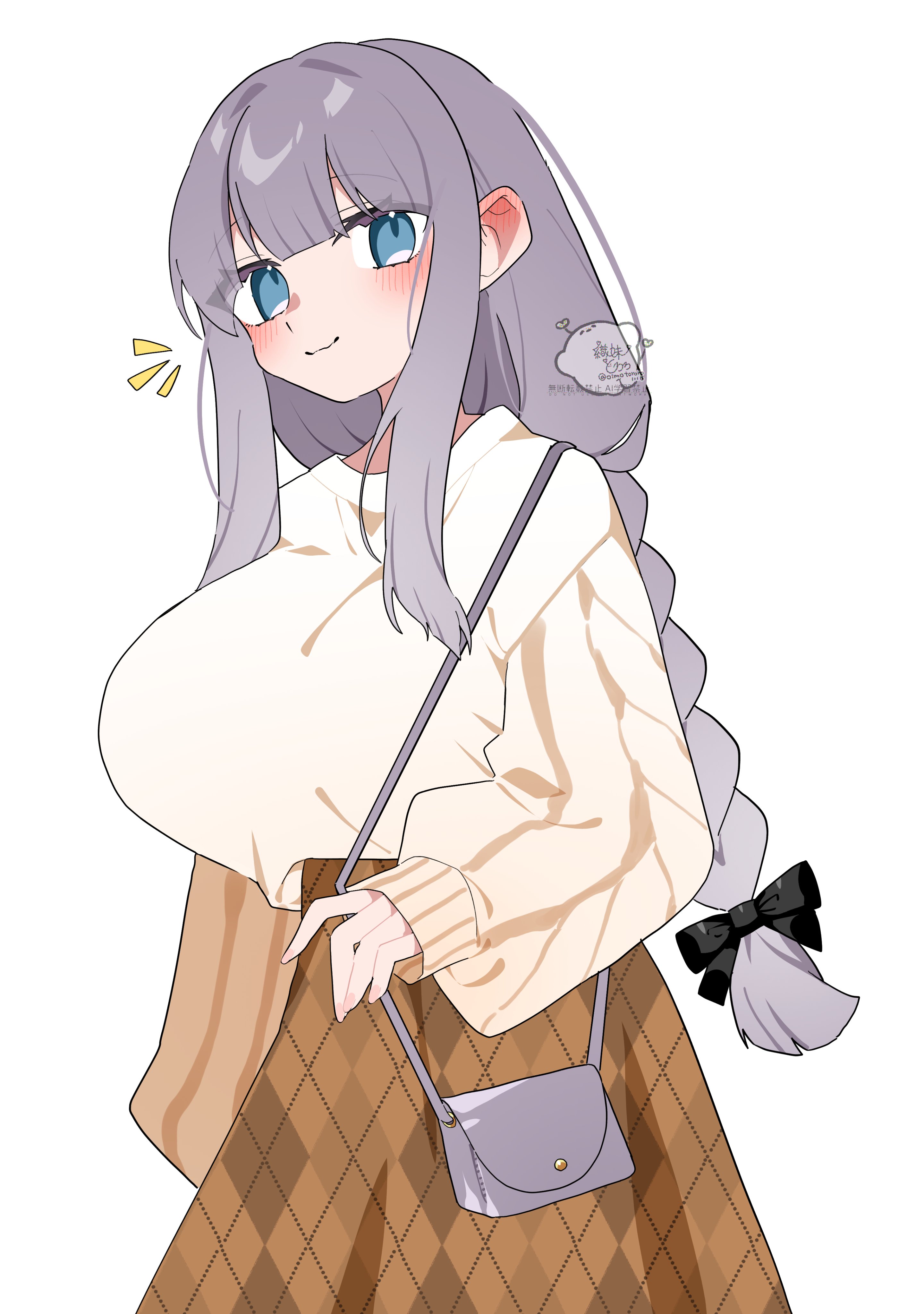 oimotororo1116, original, absurdres, commentary request, highres, bag, black bow, blue eyes, blunt bangs, blush, blush stickers, bow, braid, breasts, brown skirt, colored eyelashes, ear blush, hair bow, handbag, holding, holding bag, huge breasts, long hair, long skirt, long sleeves, oversized sweater, patterned, print skirt, purple hair, ribbed sweater, shoulder bag, sidelocks, signature, simple background, skirt, sleeves past wrists, smile, standing, straight hair, sweater, sweater tucked in, tachibana (oimotororo1116), thick eyelashes, upper body, wavy mouth