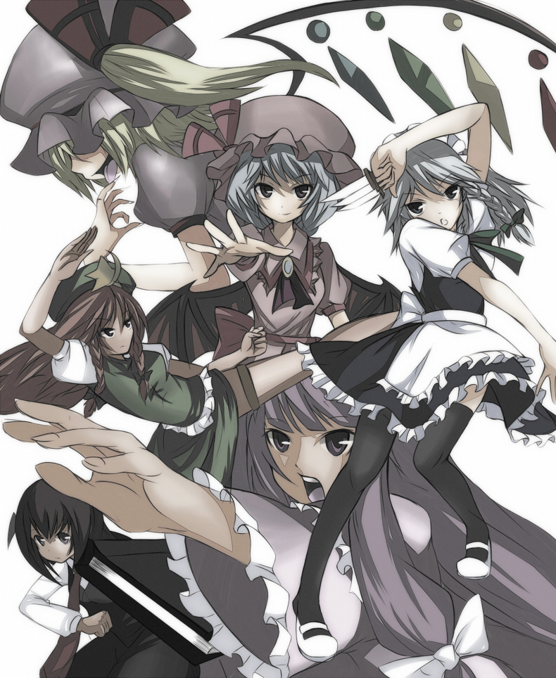 kanten328, kanten (kanten328), flandre scarlet, hong meiling, izayoi sakuya, koakuma, patchouli knowledge, remilia scarlet, embodiment of scarlet devil, touhou, bad id, bad pixiv id, 6+girls, bat wings, female focus, long hair, multiple girls, ponytail, short hair, side ponytail, thighhighs, wings