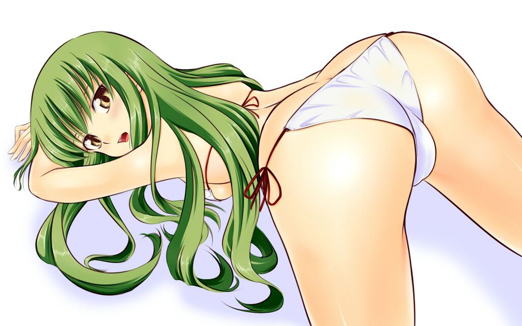 tohoho (hoshinoyami), c.c., code geass, 00s, 1girl, all fours, ass, bikini, breasts, brown eyes, butt crack, female focus, green hair, long hair, looking back, lowleg, lowleg bikini, medium breasts, open mouth, shadow, side-tie bikini bottom, sideboob, solo, swimsuit, top-down bottom-up, very long hair, white bikini, yellow eyes