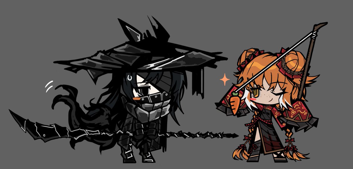 ishmael (project moon), yi sang (project moon), limbus company, project moon, commentary, official art, 1boy, 1girl, animal ears, blush stickers, braid, carrot on stick, closed mouth, dated commentary, freckles, frilled sleeves, frills, full body, green eyes, heishou pack-wu branch (identity) (project moon), holding, holding polearm, holding weapon, hongyuan (identity) (project moon), hooves, horse boy, horse ears, horse tail, long hair, low twin braids, mask, orange hair, polearm, red shrug, shrug (clothing), single blush sticker, smile, sparkle, tail, tail wagging, twin braids, very long hair, weapon