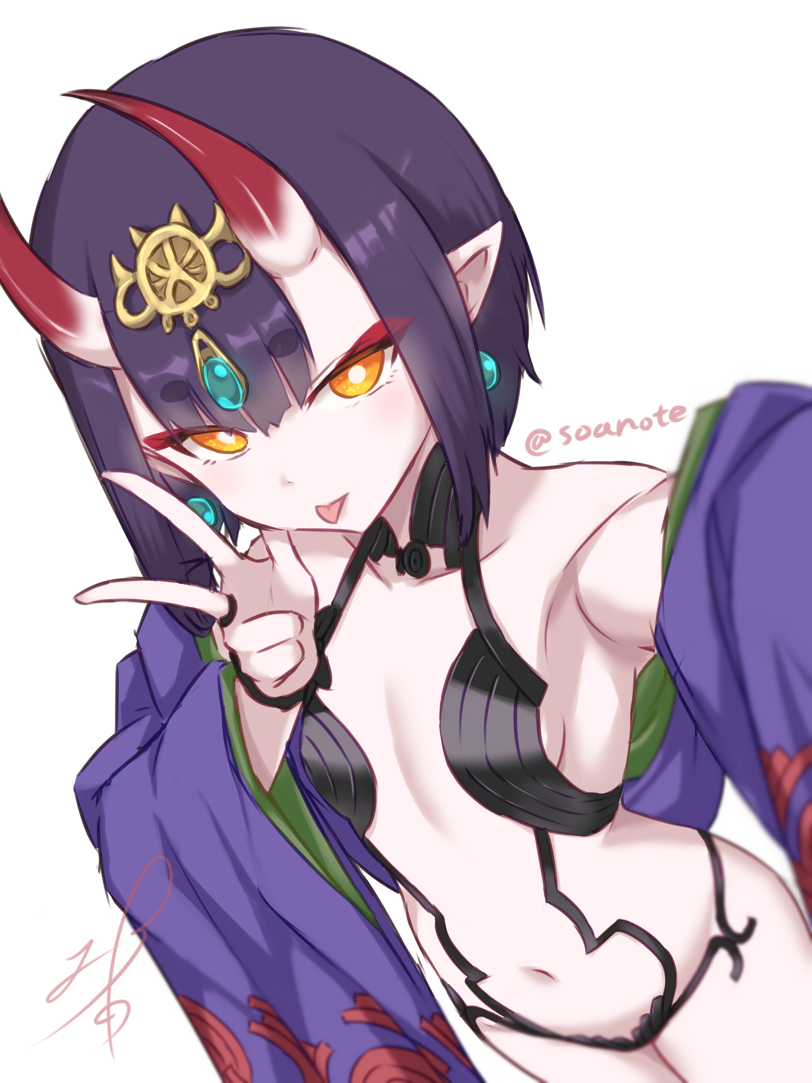 soanote, shuten douji (fate), fate/grand order, fate (series), absurdres, commentary request, highres, 1girl, :p, alternate eye color, bob cut, breasts, collarbone, cowboy shot, earrings, eyeshadow, hair between horns, hair ornament, horns, jewelry, looking at viewer, makeup, navel, oni, orange eyes, pointy ears, purple hair, red eyeshadow, selfie, short hair, signature, skin-covered horns, small breasts, solo, tongue, tongue out, twitter username, v