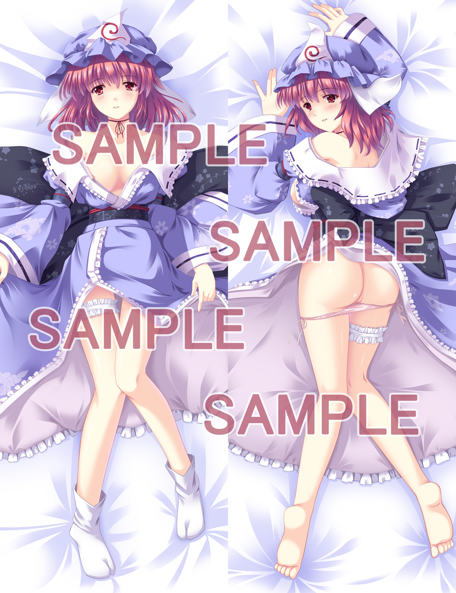 eien, nagatsuki towa, saigyouji yuyuko, touhou, bad id, bad pixiv id, highres, 1girl, ass, barefoot, breasts, cleavage, dakimakura (medium), feet, female focus, hat, lying, multiple views, pink hair, red eyes, sample watermark, short hair, tabi, watermark