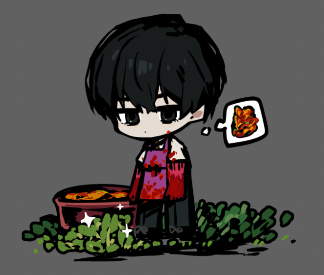yi sang (project moon), limbus company, project moon, commentary, official art, 1boy, apron, black eyes, black hair, black pants, cabbage, chibi, dated commentary, full body, gloves, kimchi, long sleeves, pants, pink gloves, purple apron, shirt, solo, speech bubble, standing, thought bubble, white shirt