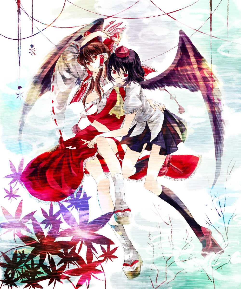 hakurei reimu, shameimaru aya, touhou, highres, tagme, 2girls, female focus, full body, gradient background, hat, leaf, maple leaf, multiple girls, nature, plant, skirt, tokin hat, white background