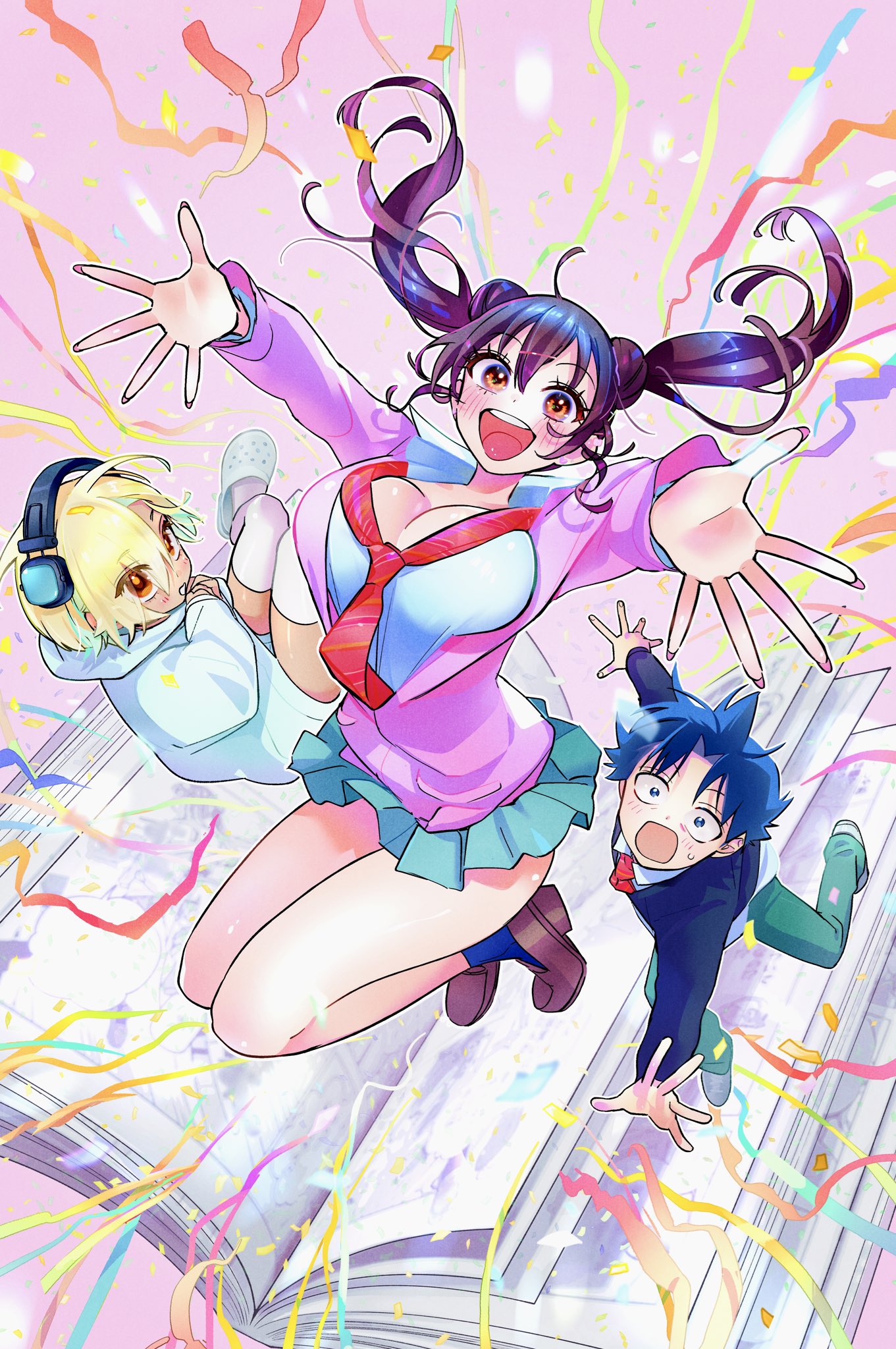 kaba yuuji, miyamoto niina, kakunaru ue wa, commentary request, highres, textless version, 1boy, 2girls, aqua pants, aqua skirt, black socks, blonde hair, blue hair, blush, book, breasts, brown eyes, brown hair, brown shoes, cardigan, confetti, double bun, hair bun, hood, hoodie, large breasts, long hair, looking at viewer, multiple girls, necktie, open book, open mouth, pants, pink background, pink cardigan, pleated skirt, red necktie, school uniform, shioiri ren, shirt, shoes, short hair, signature, skirt, smile, socks, teeth, twintails, uehara yuuki, upper teeth only, white shirt