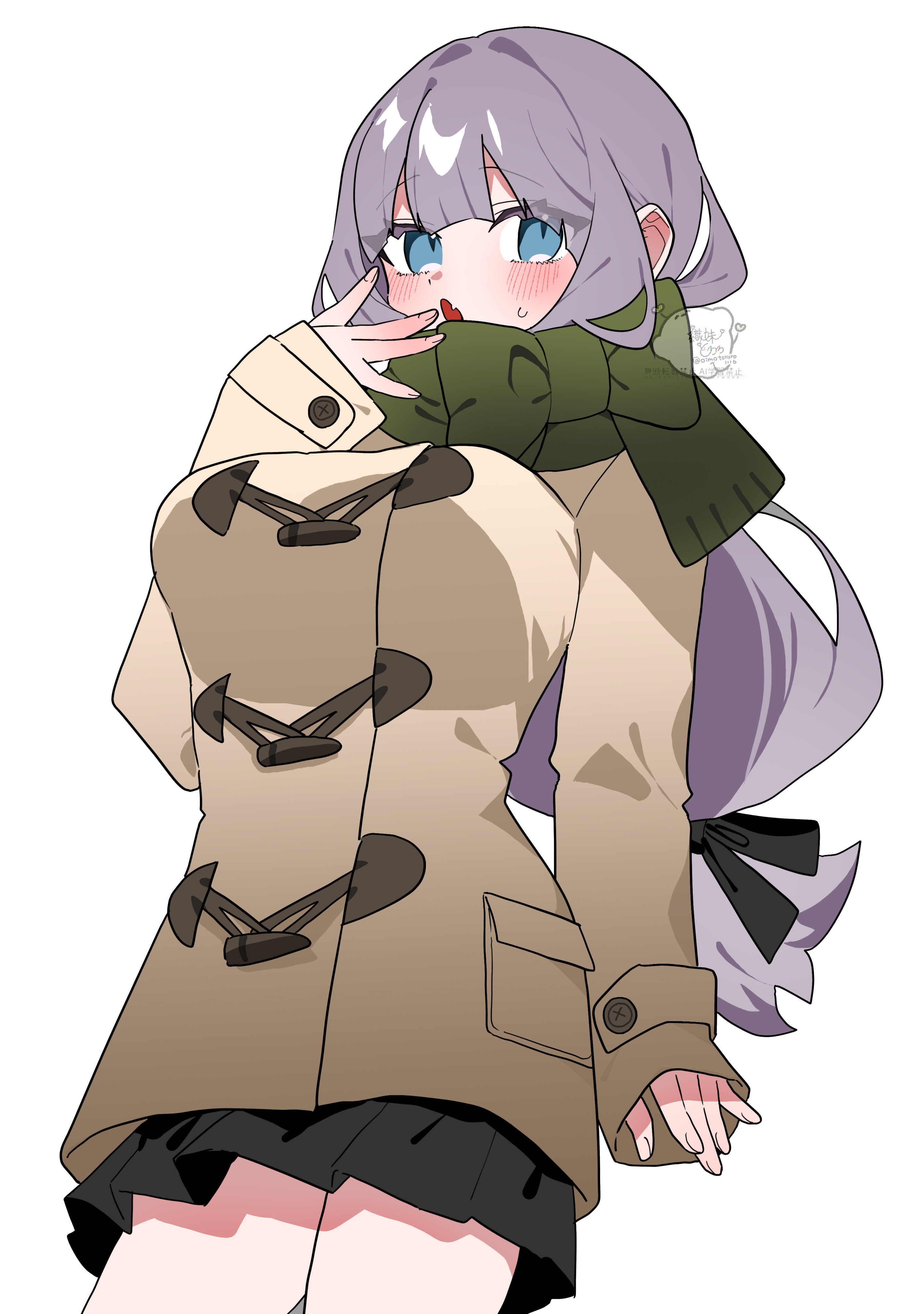 oimotororo1116, original, absurdres, commentary request, highres, :o, black bow, black skirt, blue eyes, blunt bangs, blush, blush stickers, bow, braid, breasts, brown coat, coat, cowboy shot, curious, ear blush, fang, flustered, from below, green scarf, hair bow, huge breasts, long hair, loose hair strand, open mouth, purple hair, scarf, sidelocks, signature, simple background, skin fang, skirt, sleeves past wrists, standing, straight hair, surprised, sweat, tachibana (oimotororo1116), thick eyelashes, thighs, white background