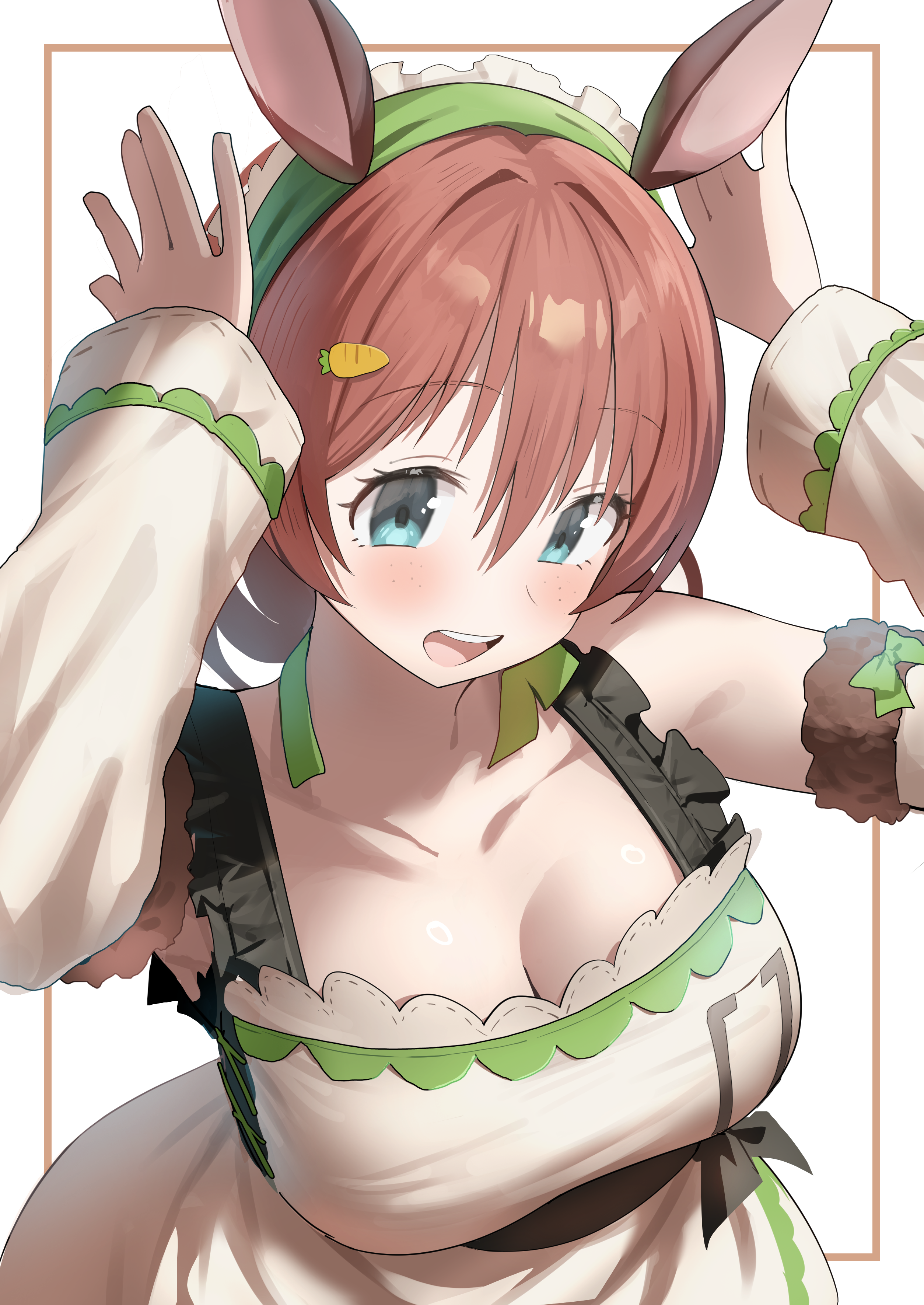 yuu (shampoohatslime), emma verde, love live!, love live! nijigasaki high school idol club, absurdres, commentary request, highres, 1girl, animal ears, blue eyes, breasts, chinese zodiac, cleavage, collarbone, dress, fake animal ears, freckles, hands up, horse ears, large breasts, looking at viewer, open mouth, red hair, solo, teeth, upper teeth only, white background, white dress, year of the horse