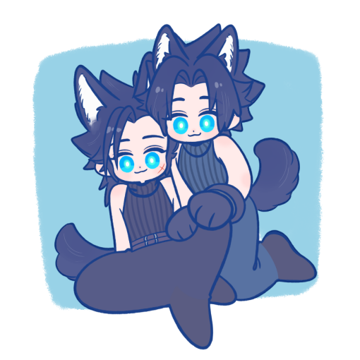 105zz, zack fair, crisis core: final fantasy vii, final fantasy, final fantasy vii, commentary request, 2boys, :3, age progression, animal ears, bare shoulders, black gloves, black hair, black pants, black shirt, blue background, blue eyes, blue pants, border, chibi, chibi only, cross scar, dog boy, dog ears, dog tail, facial scar, full body, gloves, kemonomimi mode, long hair, male focus, multiple boys, pants, parted bangs, scar, scar on cheek, scar on face, shirt, short hair, sideburns, sleeveless, sleeveless turtleneck, tail, turtleneck, white border