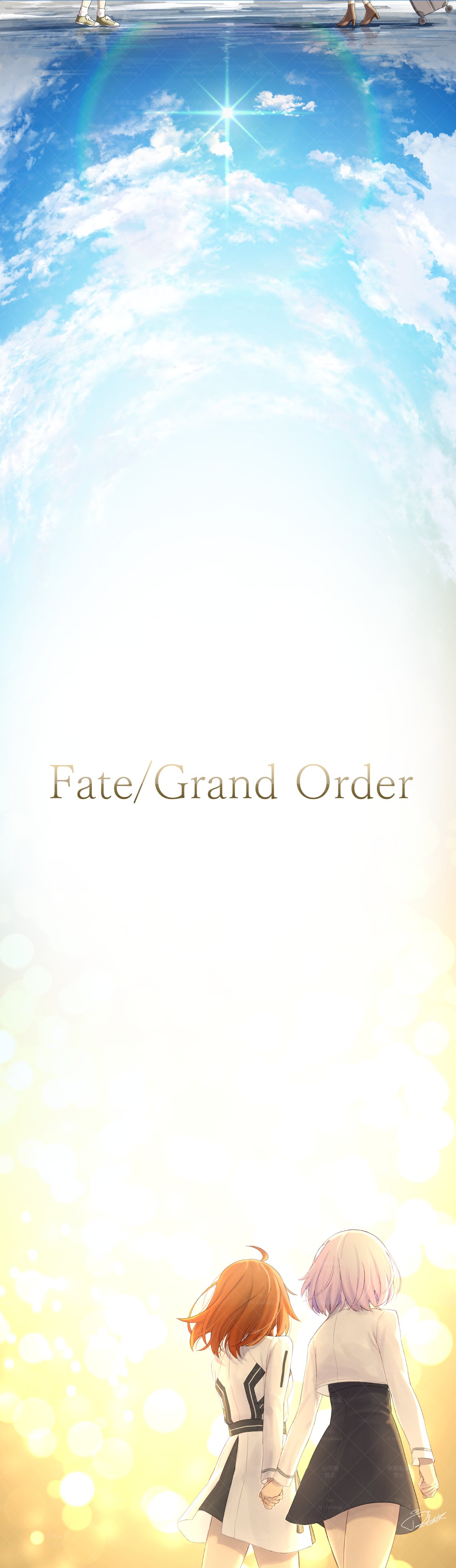 shakuyouka, fujimaru ritsuka (female), fujimaru ritsuka (female) (decisive battle chaldea uniform), mash kyrielight, fate/grand order, fate (series), absurdres, commentary request, highres, 2girls, ahoge, black skirt, copyright name, cowboy shot, dress, from behind, high-waist skirt, holding hands, jacket, mash kyrielight (chaldea uniform), multiple girls, orange hair, purple hair, skirt, watermark, white dress, white jacket, wide shot