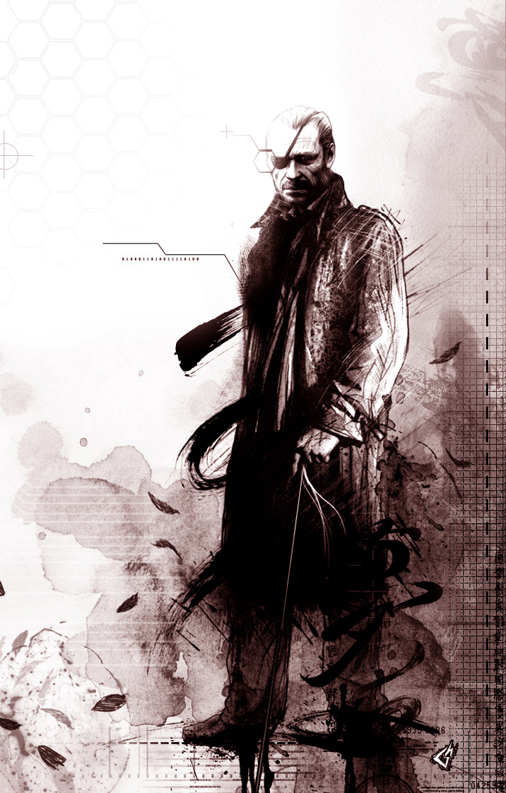 big boss, metal gear (series), metal gear solid, metal gear solid 4: guns of the patriots, 1boy, cane, coat, eyepatch, male focus, monochrome, purple theme, solo, standing