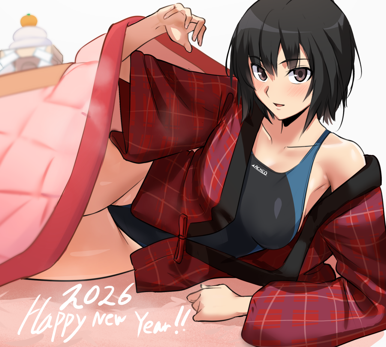 yoo tenchi, nanasaki ai, amagami, commentary request, 1girl, 2026, :d, arm support, arm up, black hair, black one-piece swimsuit, blush, breasts, brown eyes, collarbone, competition swimsuit, food, fruit, groin, hanten (clothes), happy new year, kagami mochi, kotatsu, looking at viewer, lying, mandarin orange, medium breasts, new year, on side, one-piece swimsuit, open clothes, open mouth, short hair, simple background, single bare shoulder, smile, solo, swimsuit, table, under kotatsu, under table, white background