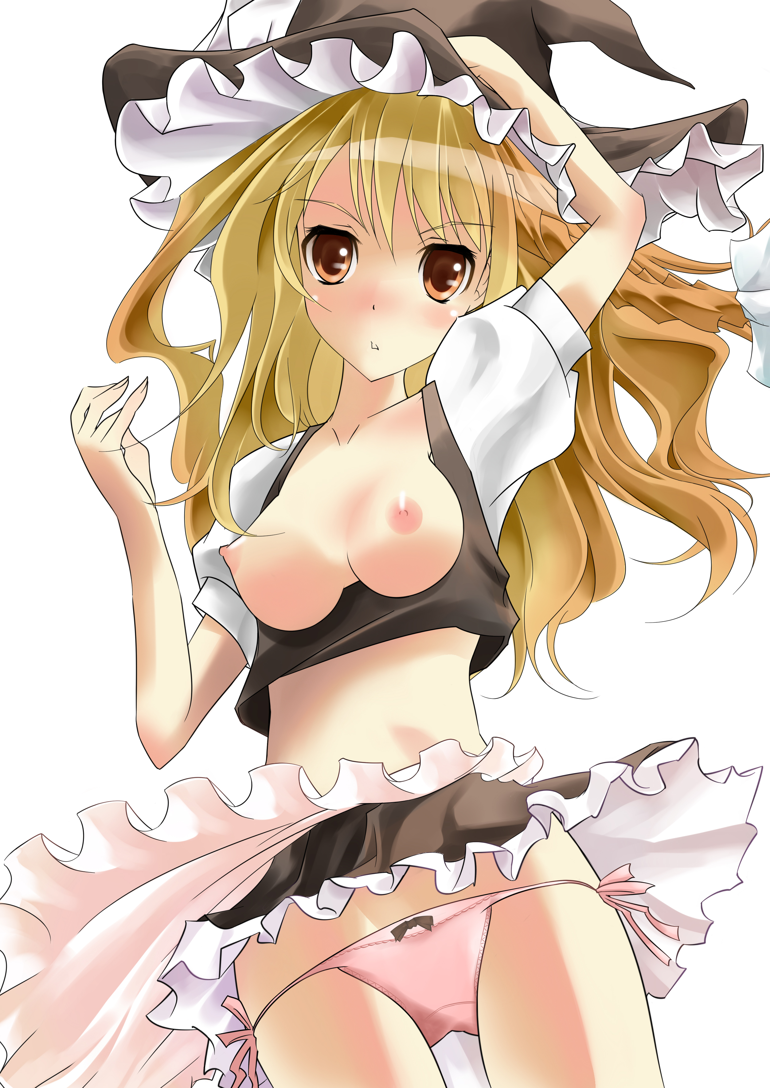 onaka sukisuki, kirisame marisa, touhou, absurdres, bad id, bad pixiv id, highres, 1girl, blonde hair, breastless clothes, breasts, female focus, hat, long hair, nipples, panties, side-tie panties, solo, underwear, witch hat, yellow eyes