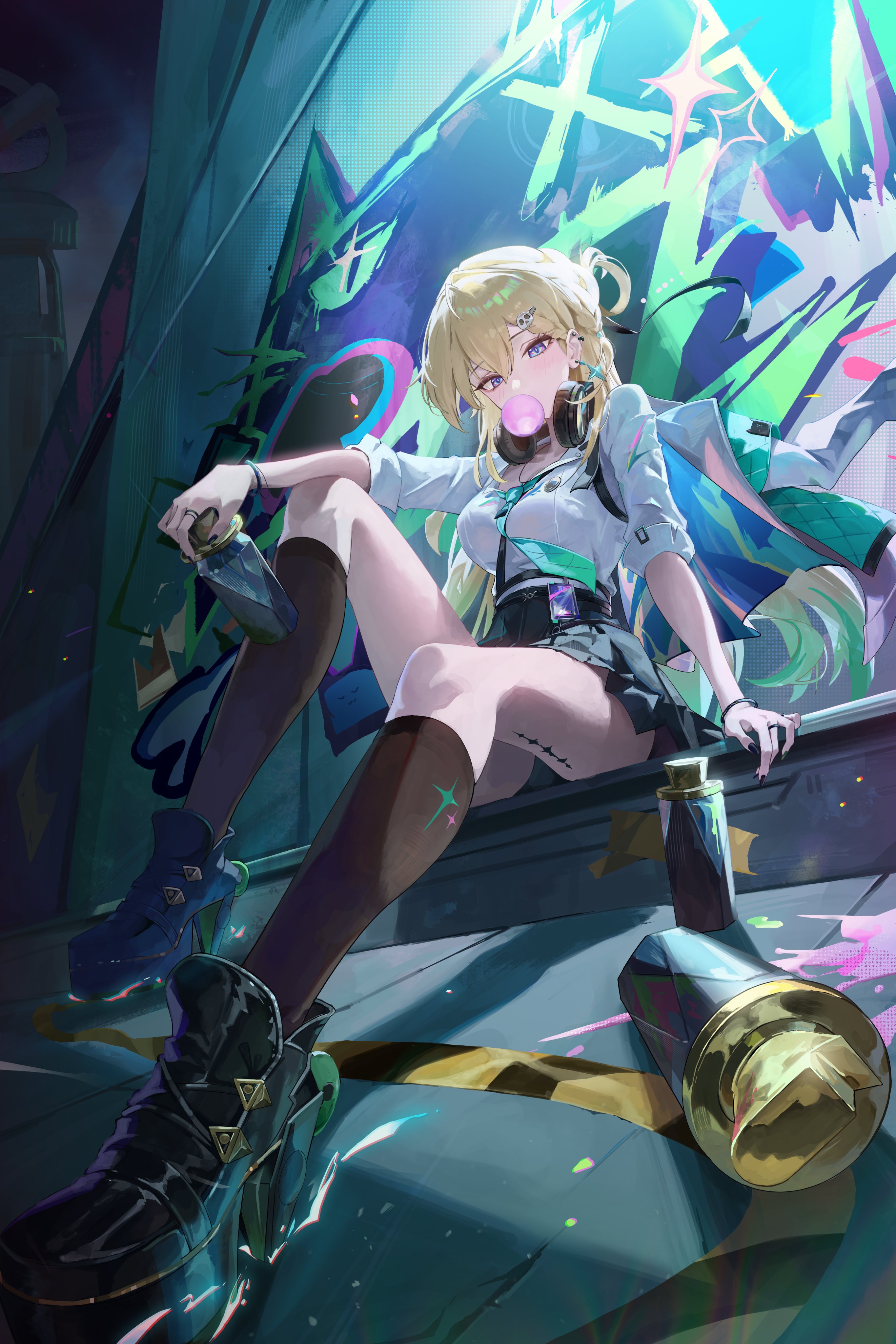 chowol, lynae (wuthering waves), wuthering waves, absurdres, commentary, highres, 1girl, aqua necktie, black nails, black skirt, black socks, blonde hair, blowing bubble gum, blue eyes, breasts, can, chewing gum, earrings, from below, full body, graffiti, hair ornament, headphones, headphones around neck, holding, holding can, id card, jewelry, long hair, medium breasts, nail polish, necktie, shirt, shirt tucked in, sitting, skirt, skull hair ornament, socks, solo, spray can, star (symbol), star earrings, tacet mark (wuthering waves), white shirt