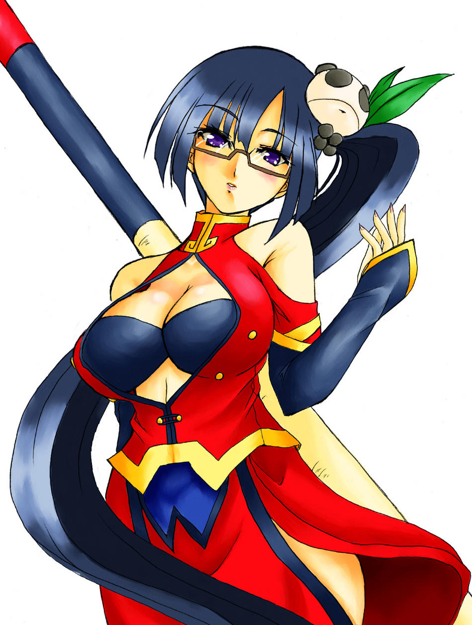 litchi faye ling, arc system works, blazblue, blazblue: calamity trigger, highres, 1girl, bare shoulders, black hair, blush, breasts, china dress, chinese clothes, cleavage, dress, female focus, glasses, japanese clothes, large breasts, long hair, panda, purple eyes, simple background, solo, staff, weapon, white background