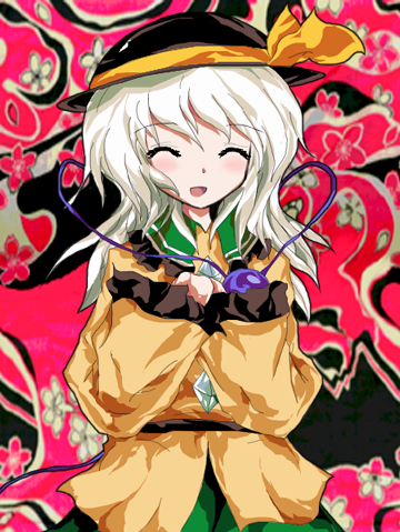 formless god, komeiji koishi, touhou, lowres, 1girl, :d, ^ ^, alphes (style), blush, closed eyes, female focus, hat, open mouth, parody, smile, solo, style parody