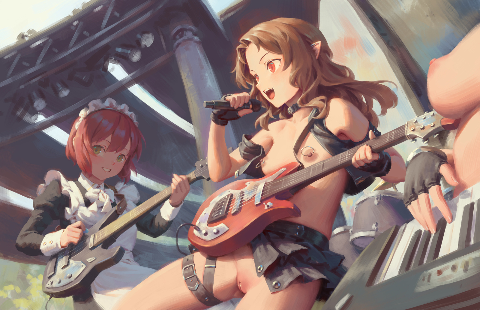 bigrbear, original, highres, 3girls, black collar, black gloves, breasts, brown hair, cleft of venus, collar, crop top, electric guitar, fingerless gloves, gloves, green eyes, guitar, holding, holding microphone, instrument, keyboard (instrument), layered skirt, long hair, maid, maid headdress, medium breasts, microphone, multiple girls, nipple piercing, nipple rings, nipples, open mouth, ophelia (bigrbear), piercing, pointy ears, pussy, red eyes, red hair, revealing clothes, ring piercing, short hair, skirt, thigh strap, uncensored