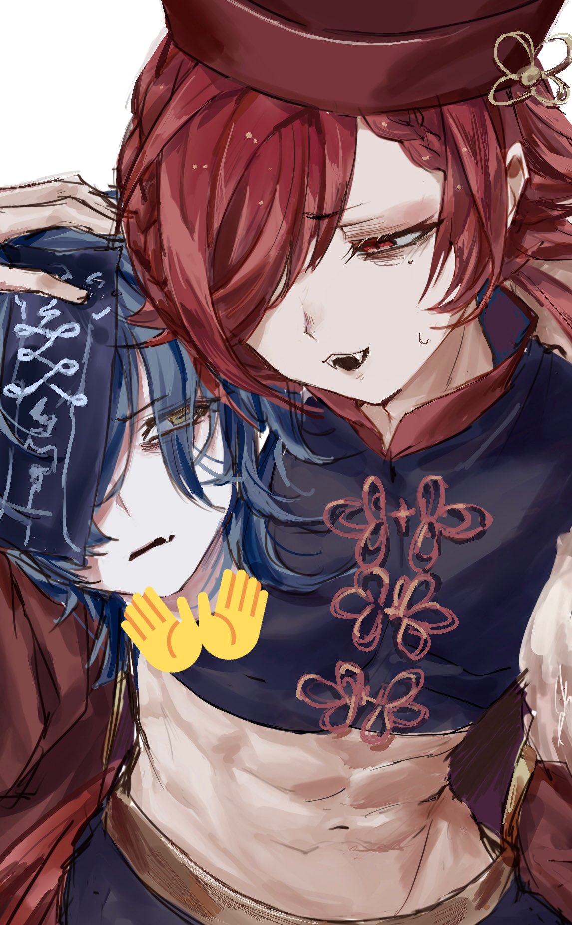 okubatomaeba, character request, commentary request, copyright request, highres, 2boys, black shirt, blue hair, censored, cowboy shot, decapitation, fangs, hair over one eye, hat, holding, holding detached head, looking at another, male focus, multiple boys, navel, novelty censor, ofuda, ofuda on head, one eye covered, open mouth, parted bangs, red eyes, red hair, red hat, shirt, short hair, simple background, smile, stomach, white background, yellow eyes