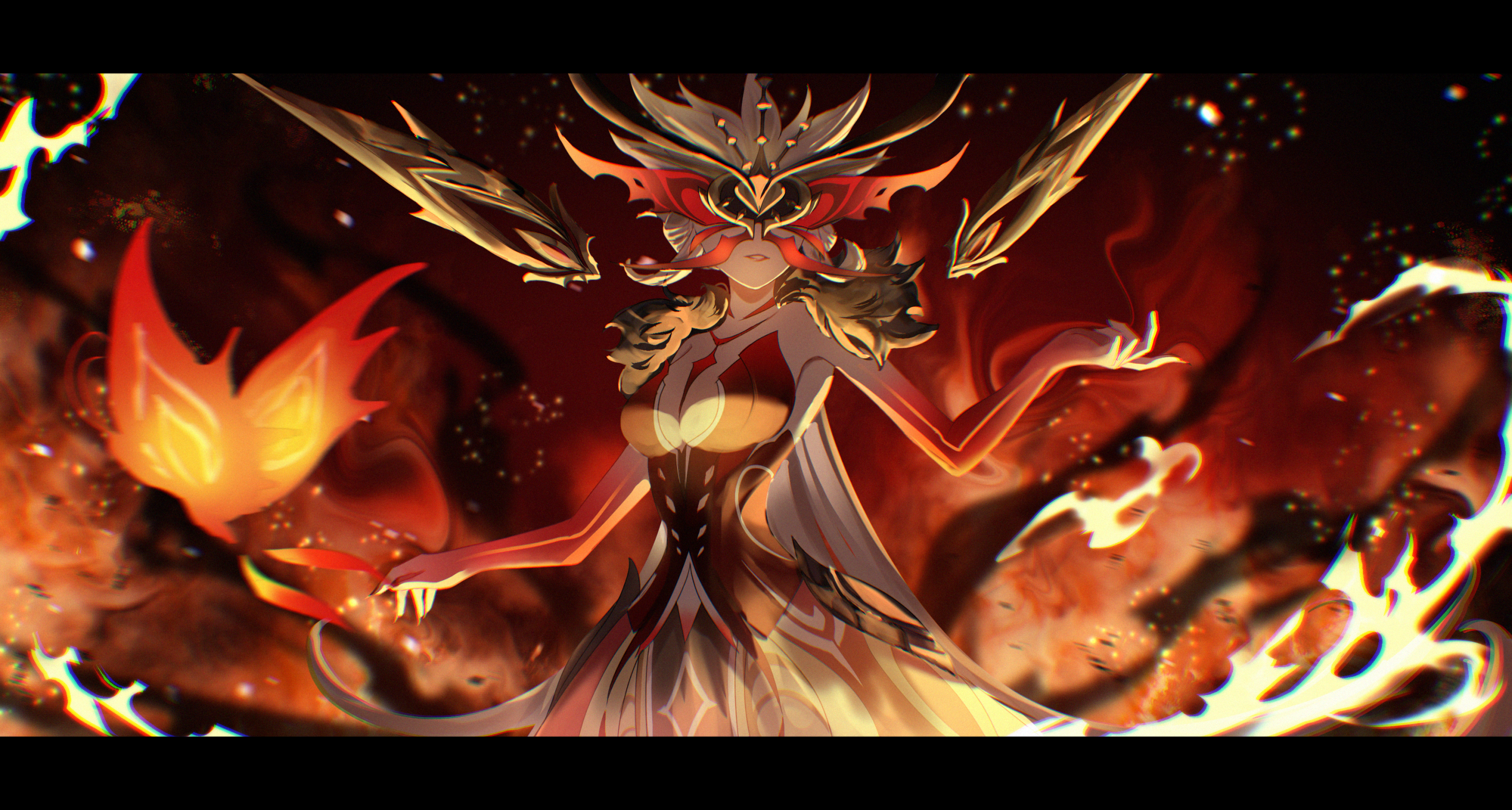 hidu713, crimson lotus moth (genshin impact), signora (crimson witch of embers) (genshin impact), signora (genshin impact), genshin impact, commentary request, highres, 1girl, bare shoulders, blonde hair, breasts, butterfly mask, cleavage, dress, eye mask, fingernails, fire, fur trim, half mask, insect wings, large breasts, letterboxed, long hair, mask, mask over one eye, masked, moth wings, pyrokinesis, red dress, smile, solo, strapless, strapless dress, wings