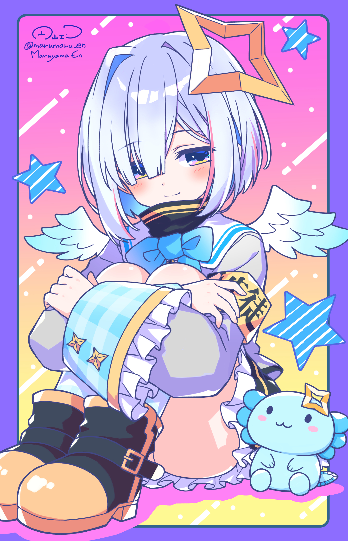 maruyama en, amane kanata, amane kanata (1st costume), upao (amane kanata), hololive, commentary, highres, 1girl, :3, angel, angel wings, armband, artist name, asymmetrical bangs, asymmetrical hair, axolotl, bell sleeves, black boots, black skirt, blue bow, blue bowtie, blue eyes, blue hair, blue socks, blue wings, blush, blush stickers, bob cut, boots, border, bow, bowtie, closed mouth, colored inner hair, crossed arms, drop shadow, feathered wings, frilled skirt, frilled sleeves, frills, full body, gingham legwear, gingham sleeves, gingham socks, gradient background, gradient wings, grey hair, grey jacket, hair over one eye, half-closed eyes, halo, jacket, knees up, long sleeves, looking at viewer, mini wings, miniskirt, multicolored hair, multicolored wings, on floor, pink background, pink streaks, purple border, purple eyes, short hair, single hair intake, sitting, skirt, smile, socks, solo, split mouth, star (symbol), star halo, star symbol background, streaked hair, tilted halo, turtleneck, twitter username, two-tone background, two-tone wings, virtual youtuber, white wings, wings, yellow armband, yellow background