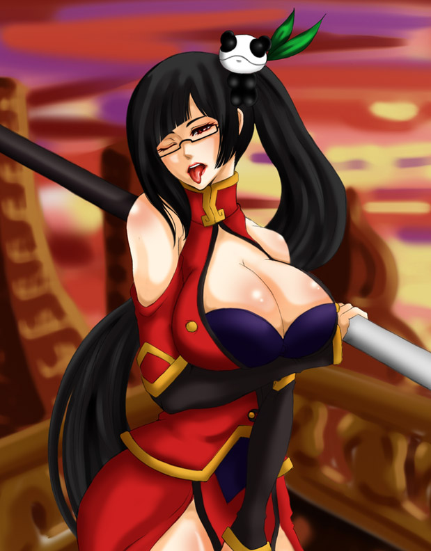 nakamura midori (kacco), litchi faye ling, arc system works, blazblue, blazblue: calamity trigger, 1girl, bare shoulders, black hair, blush, body blush, breasts, china dress, chinese clothes, cleavage, curvy, dress, female focus, female masturbation, glasses, hair ornament, huge breasts, japanese clothes, large breasts, long hair, masturbation, naughty face, one eye closed, panda, solo, staff, tongue, weapon, wink