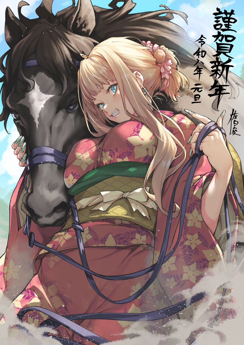 saeki shun, original, commentary request, 1girl, blonde hair, blue eyes, blue sky, breasts, chinese zodiac, hair ornament, happy new year, horse, japanese clothes, kanzashi, kimono, large breasts, long hair, looking at viewer, new year, sky, smile, year of the horse