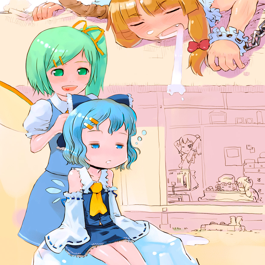 yst, aki minoriko, aki shizuha, cirno, daiyousei, hakurei reimu, ibuki suika, embodiment of scarlet devil, touhou, 6+girls, alternate color, armpits, arms up, bare shoulders, blue eyes, blue hair, bow, cosplay, detached sleeves, giant, giantess, green eyes, green hair, hair bow, hair ornament, hair ribbon, hairclip, hairdressing, hakurei reimu (cosplay), hat, heart, heart in mouth, horns, ice, icicle, japanese clothes, large bow, miko, multiple girls, no nose, one eye closed, orange hair, poster (object), ribbon, saliva, side ponytail, sitting, sitting on object, sleeping, sleepy, smile, standing, television, wink