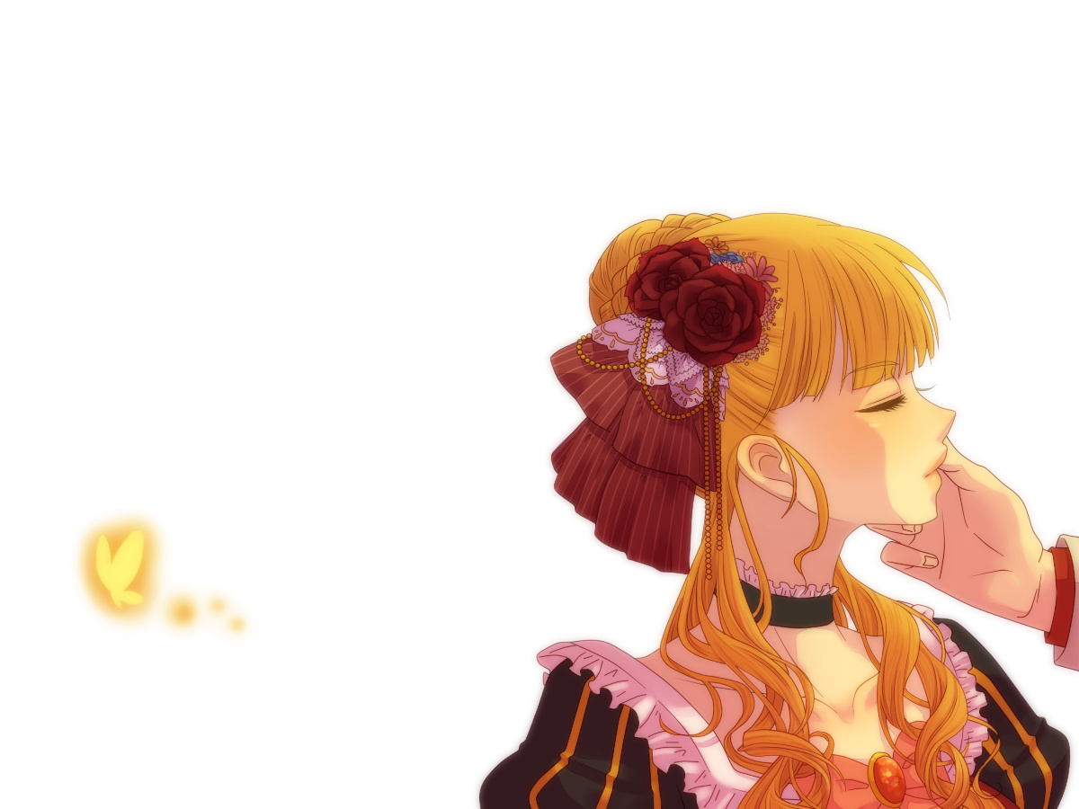 tim (tim411), beatrice (umineko), ushiromiya battler, umineko no naku koro ni, bad id, bad pixiv id, 00s, 1girl, blonde hair, bow, bug, butterfly, choker, closed eyes, frills, hair bun, hair ornament, insect, long hair, single hair bun, solo focus