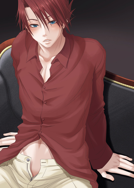 inui hiroshi, ushiromiya battler, umineko no naku koro ni, clothes, pixiv sample, resized, 00s, 1boy, bishounen, blue eyes, blush, chair, dress shirt, male focus, open clothes, open fly, open shirt, pants, red hair, red shirt, shirt, short hair, sitting, solo, unzipped