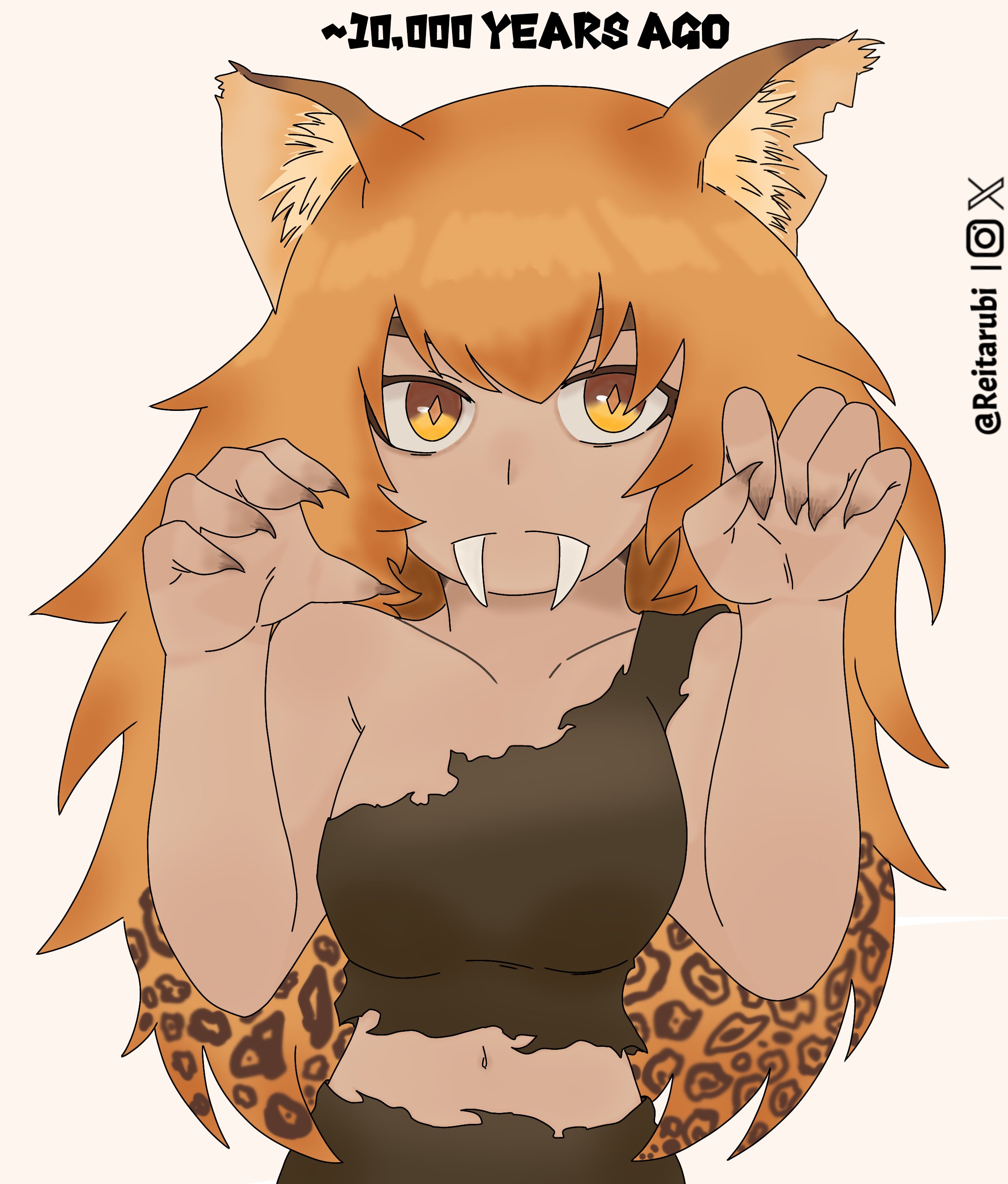 original, absurdres, commentary, english commentary, highres, self-upload, animal ears, animal print, breasts, cat girl, cavewoman, claw pose, dark skin, large breasts, leopard ears, leopard print, long fangs, long hair, messy hair, orange hair, reitarubi, sabertooth cat, simple background, thick eyebrows, torn clothes, yellow eyes