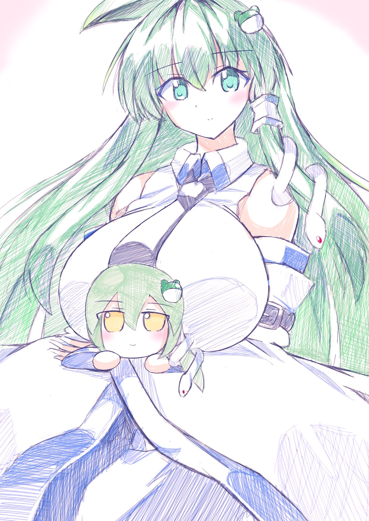 kochiya sanae, touhou, commentary request, highres, 1girl, bare shoulders, black necktie, blush, breasts, collared shirt, detached sleeves, dounatsu1072, frog hair ornament, fumo (doll), green eyes, green hair, hair between eyes, hair ornament, hair tubes, holding, holding stuffed toy, huge breasts, long hair, looking at viewer, necktie, shirt, single hair tube, sleeveless, sleeveless shirt, smile, snake hair ornament, solo, stuffed animal, stuffed toy, white shirt, yellow eyes