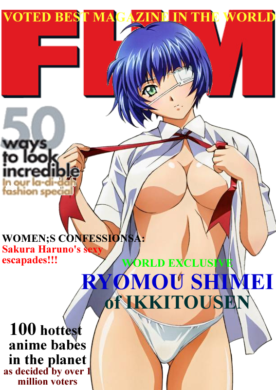 ryomou shimei, ikkitousen, blue hair, cover, eyepatch, magazine cover