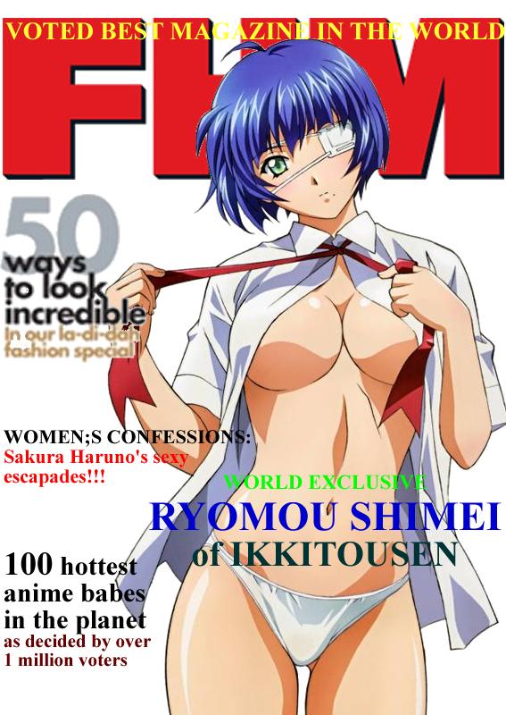 ryomou shimei, ikkitousen, blue hair, cover, eyepatch, magazine (object), panties, school uniform, underwear