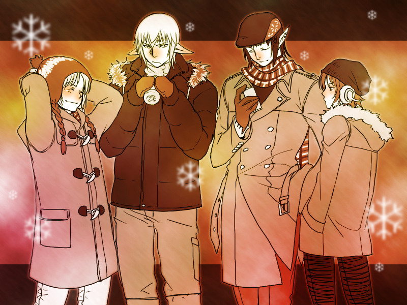 esaka, buront, elvaan, kitanai ninja, naitou, vaan (ff11), final fantasy, final fantasy xi, m.u.g.e.n, 00s, 4boys, closed eyes, coat, earmuffs, elf, hat, hume, male focus, monochrome, multiple boys, orange theme, pointy ears, scarf, winter