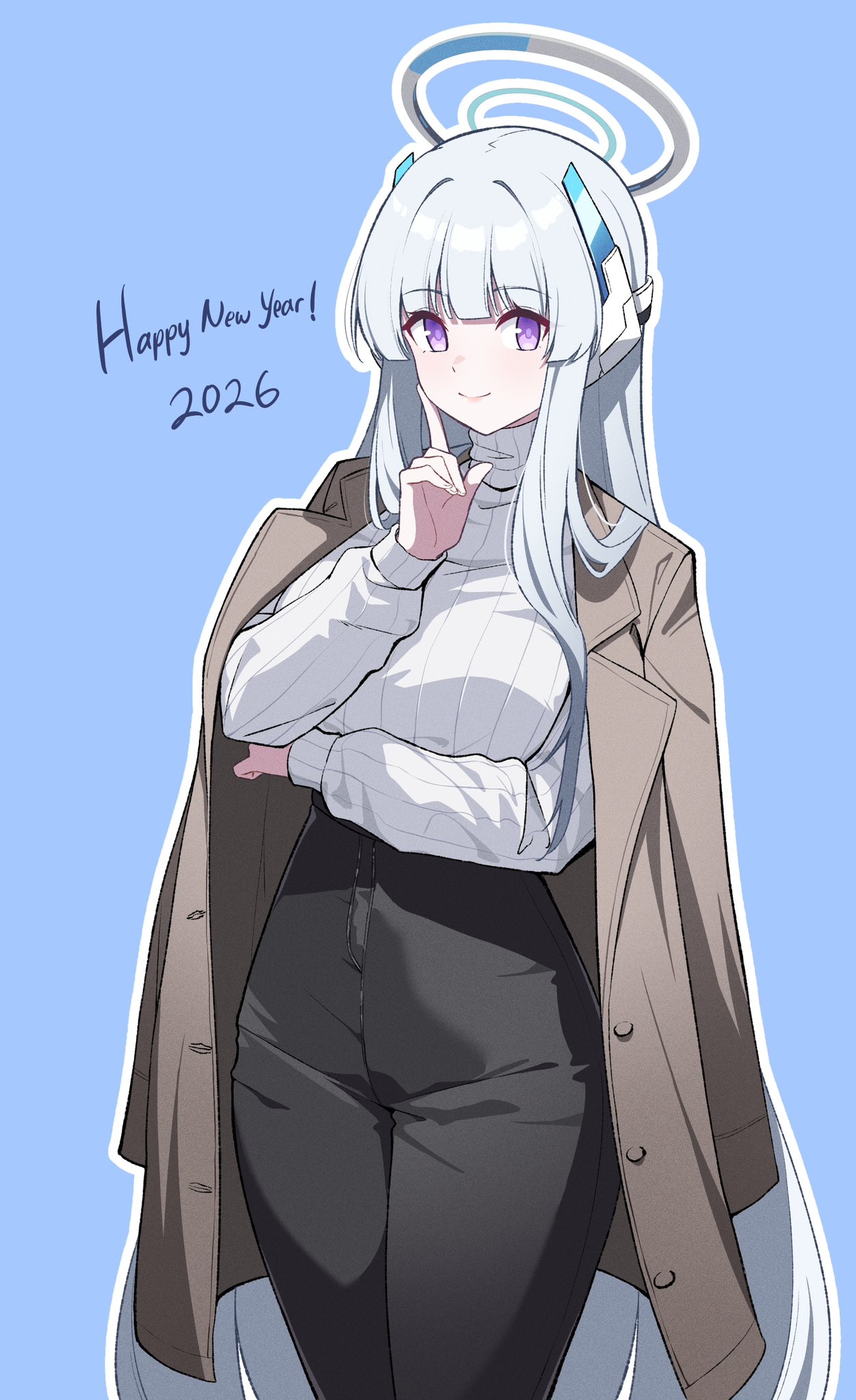 reia 76, noa (blue archive), blue archive, commentary request, highres, 1girl, alternate costume, arm under breasts, black pants, blunt bangs, blunt ends, breasts, brown coat, coat, coat on shoulders, finger to cheek, grey hair, halo, happy new year, headgear, high-waist pants, large breasts, long hair, long sleeves, looking at viewer, new year, pants, purple eyes, ribbed sweater, smile, straight hair, sweater, very long hair, white sweater
