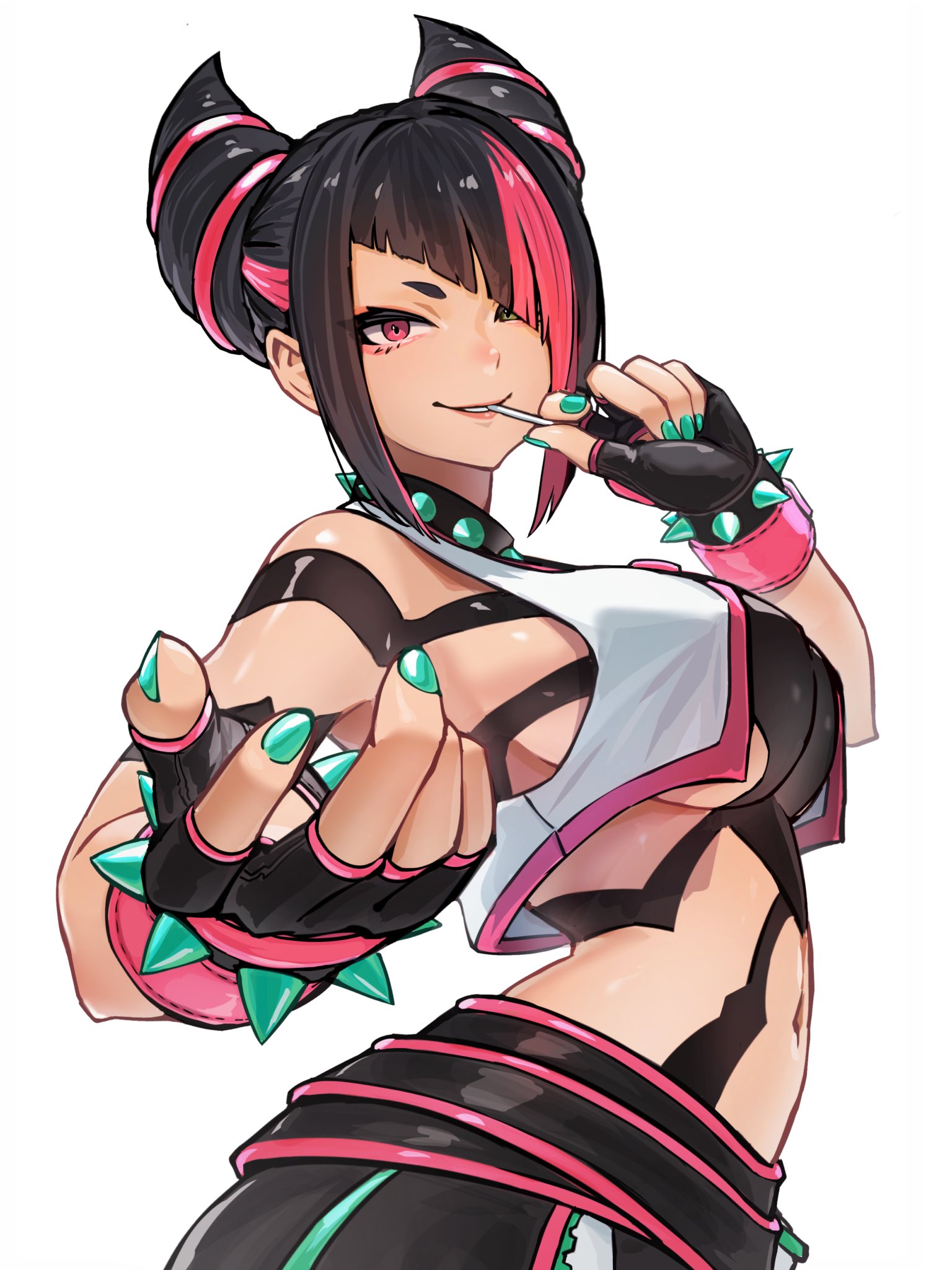 ap cammy, han juri, street fighter, commentary, highres, revision, 1girl, beckoning, black gloves, black hair, bracelet, breasts, collar, diagonal bangs, fingerless gloves, from side, gloves, green nails, hair horns, hair over one eye, jewelry, large breasts, lollipop in mouth, looking at viewer, multicolored hair, navel, pink eyes, pink hair, short hair, sideboob, solo, spiked bracelet, spiked collar, spikes, two-tone hair, white background