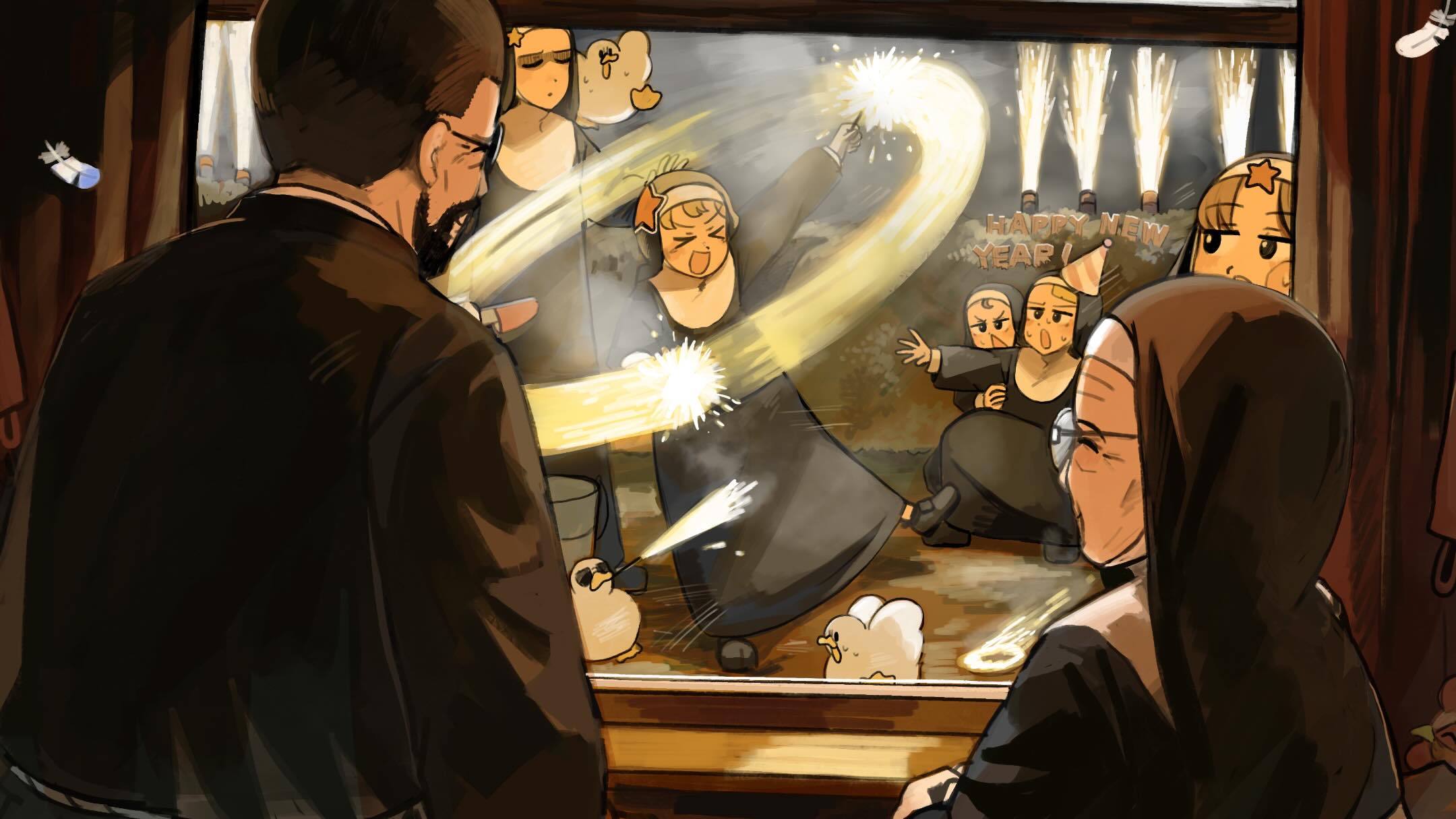 diva (hyxpk), clumsy nun (diva), father (diva), froggy nun (diva), hungry nun (diva), mother superior (diva), spicy nun (diva), star nun (diva), little nuns (diva), commentary, english commentary, highres, > <, 1boy, 6+girls, :d, :o, beard, bird, black hair, blonde hair, brown hair, bucket, chicken, closed eyes, duck, facial hair, fireworks, glasses, happy new year, multiple girls, new year, nun, open mouth, red star, round eyewear, smile, star (symbol), star ornament, sunglasses, traditional nun, triangle mouth