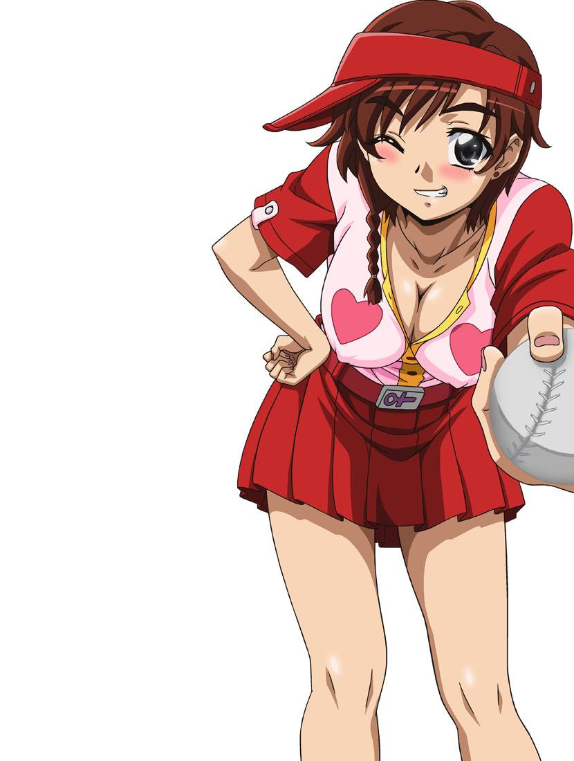 miyazawa akina, issho ni h shiyo, isshoni h shiyo, screencap, 10s, 1girl, ball, baseball, blush, breasts, cleavage, covered erect nipples, female focus, hanging breasts, hat, huge breasts, large breasts, miniskirt, one eye closed, perspective, skirt, smile, solo, transparent background, wink