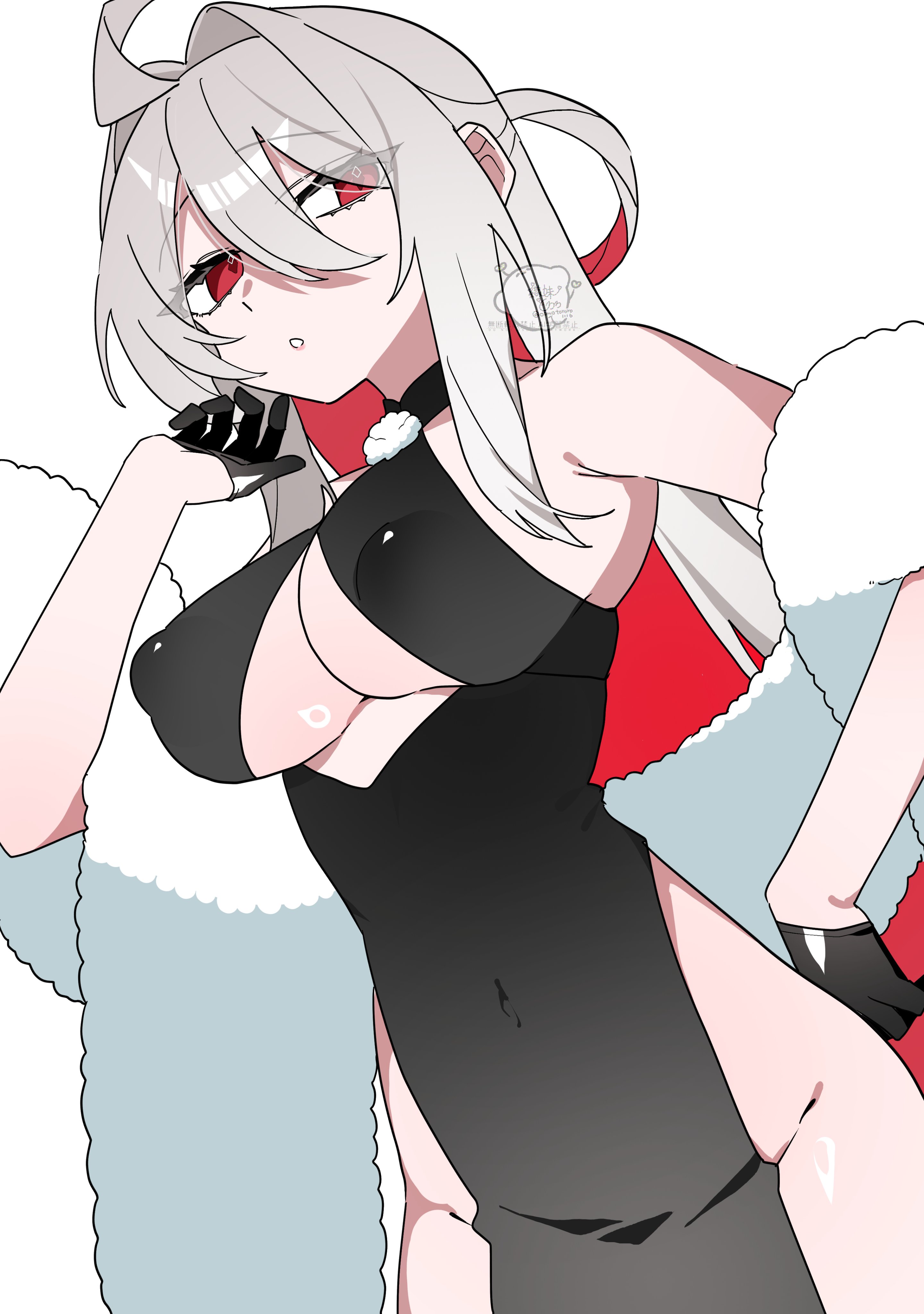 oimotororo1116, original, absurdres, commentary request, highres, 1girl, :o, ahoge, bare shoulders, black dress, breast cutout, breasts, cocktail dress, covered erect nipples, covered navel, cowboy shot, diamond-shaped pupils, diamond (shape), disdain, dress, dutch angle, folded ponytail, from below, grey hair, grey shirt, hair between eyes, hair intakes, halterneck, large breasts, lips, long hair, looking at viewer, ma tai (oimotororo1116), no panties, ojou-sama pose, parted lips, red eyes, scarf, shirt, sidelocks, sleeveless, solo, standing, symbol-shaped pupils, thick eyelashes, thighs, underboob, very long hair, white background, white scarf