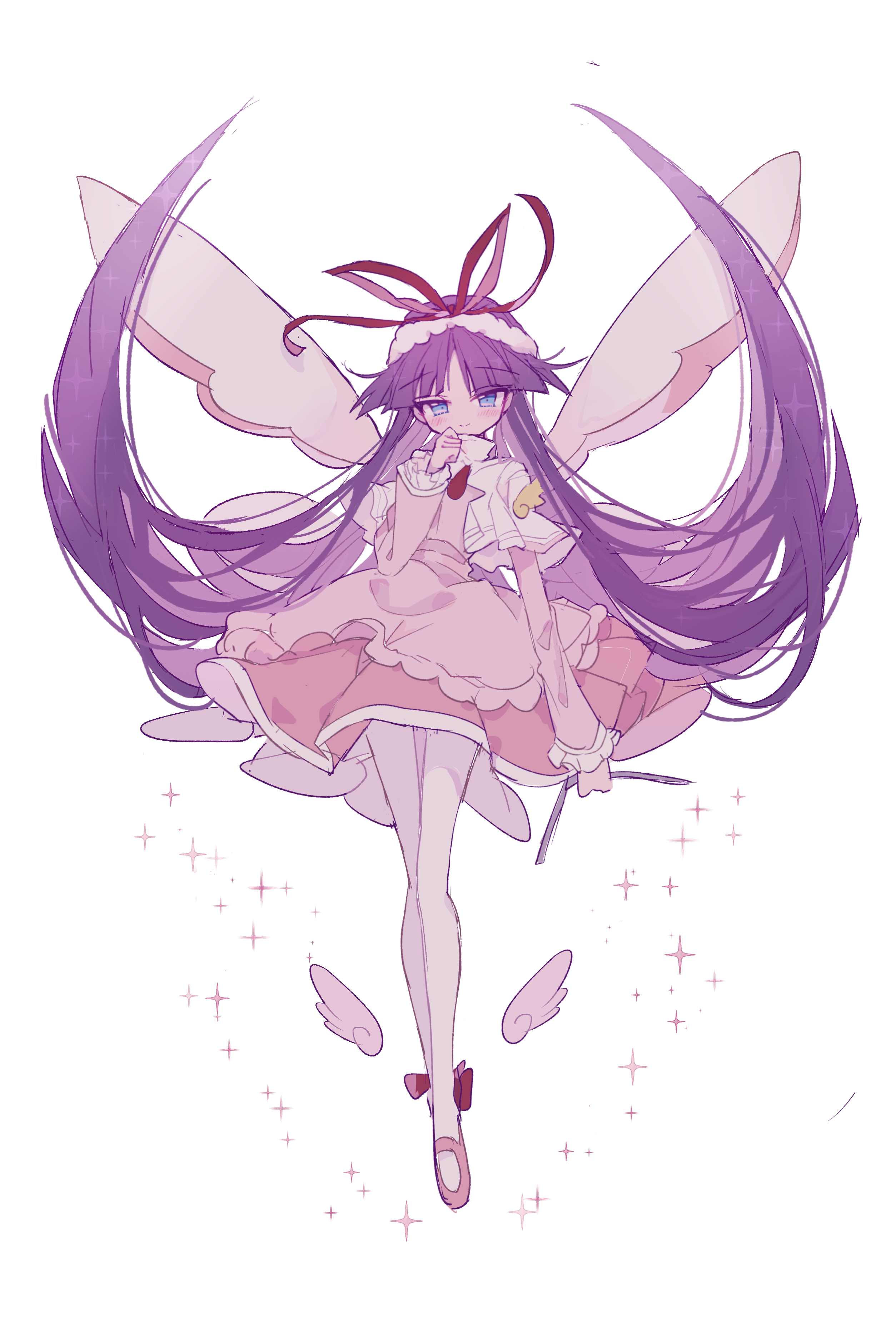 futaba969649, feli (puyopuyo), puyopuyo, absurdres, commentary request, highres, 1girl, blue eyes, blunt bangs, blush, closed mouth, dress, floating hair, frilled dress, frilled sleeves, frills, full body, hair ribbon, hand up, long hair, long sleeves, looking at viewer, mini wings, pantyhose, pink dress, pink shoes, purple hair, red ribbon, ribbon, shoes, simple background, smile, solo, white background, white pantyhose, white wings, wings