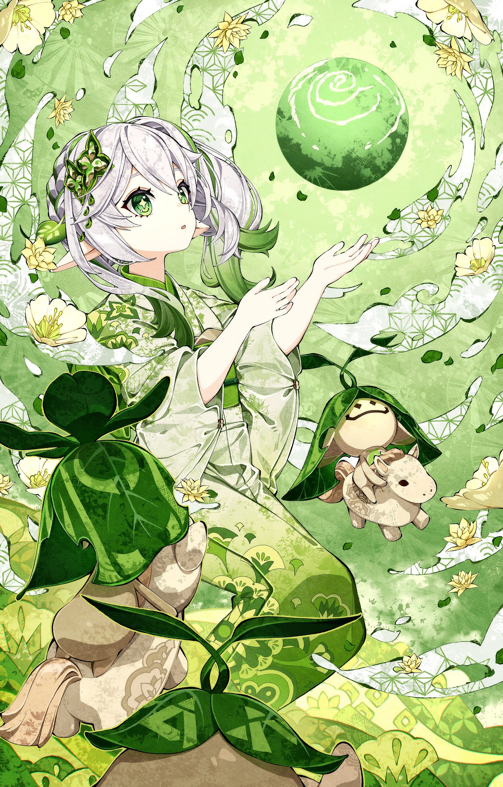 cha hanare, aranara (genshin impact), nahida (genshin impact), genshin impact, absurdres, commentary request, highres, 1girl, alternate costume, full body, gradient hair, green background, green eyes, green hair, green kimono, green sash, hair between eyes, hair ornament, hands up, japanese clothes, kimono, leaf hair ornament, long hair, multicolored hair, obi, parted lips, pointy ears, sash, side ponytail, solo, star-shaped pupils, star (symbol), symbol-shaped pupils, white hair