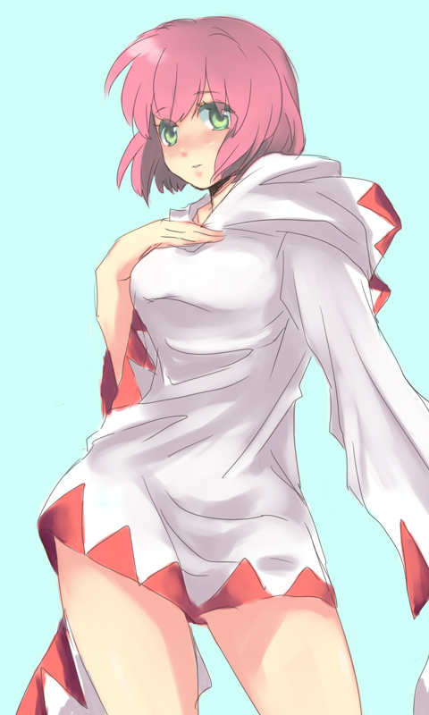 m (pixiv307367), lenna charlotte tycoon, white mage (final fantasy), final fantasy, final fantasy v, 1990s (style), 1girl, blush, female focus, green eyes, pink hair, retro artstyle, robe, short hair, simple background, solo