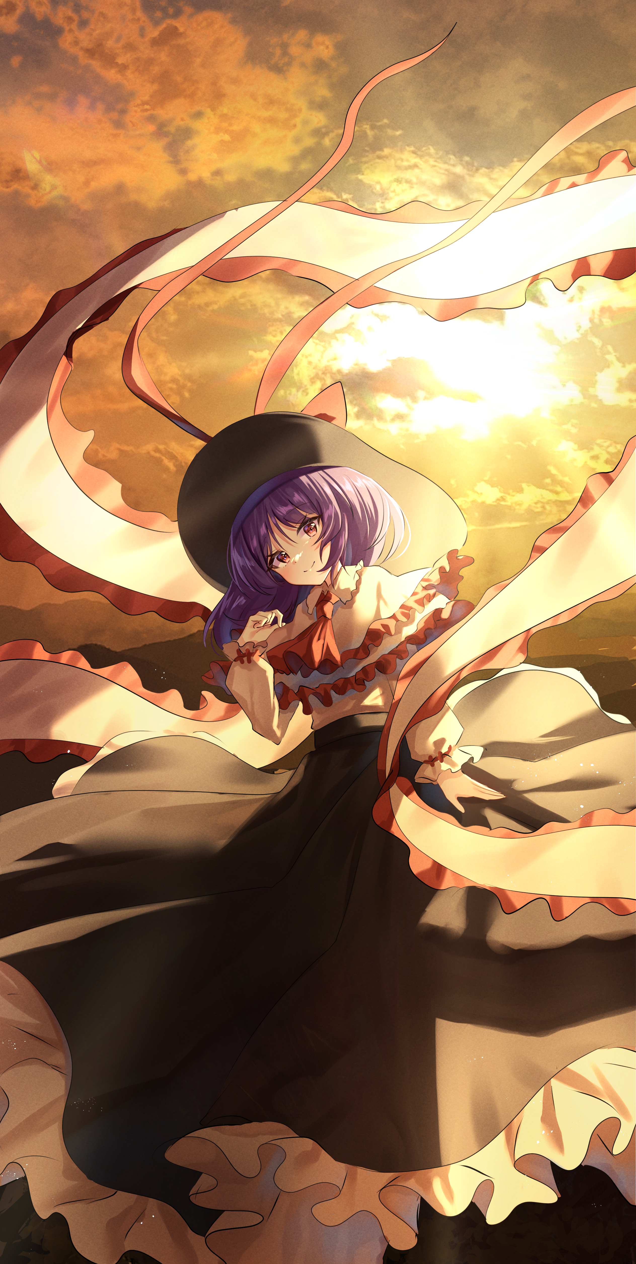 nettian51, nagae iku, touhou, absurdres, commentary, highres, 1girl, ascot, black hat, black skirt, bow, closed mouth, cloud, collared shirt, evening, frilled shawl, frilled shirt, frilled shirt collar, frilled skirt, frills, hagoromo, hat, hat bow, light rays, long skirt, long sleeves, looking at viewer, medium hair, purple hair, red ascot, red bow, red eyes, red ribbon, ribbon, shawl, shirt, shirt tucked in, skirt, smile, solo, standing, white shawl, white shirt