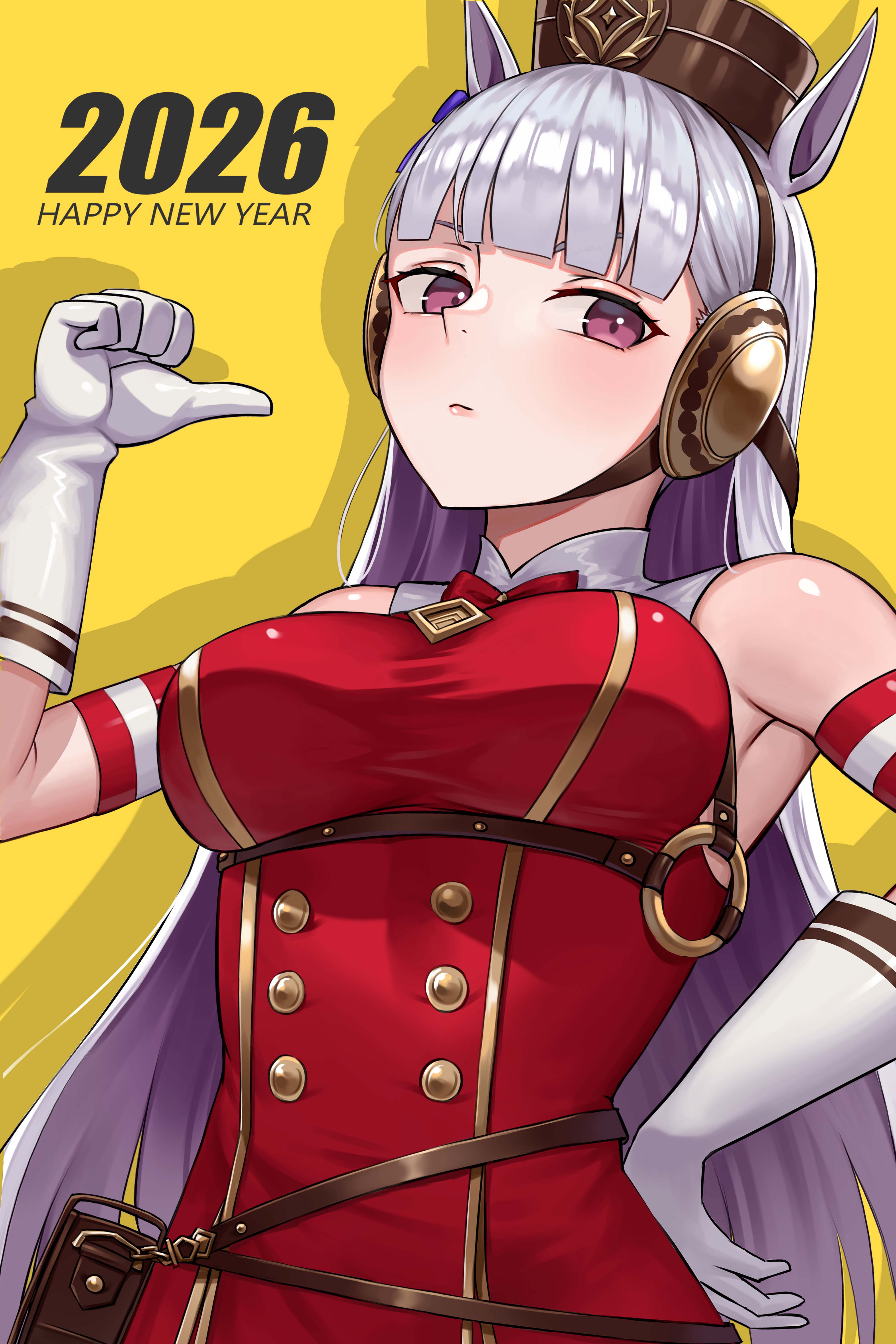 ahaha kun, gold ship (red strife) (umamusume), gold ship (umamusume), umamusume, absurdres, commentary, english commentary, highres, 1girl, 2026, animal ears, armband, blunt bangs, blush, bow, bowtie, breasts, brown hat, closed mouth, dress, ear bow, ear ribbon, gloves, grey hair, happy new year, hat, horse ears, horse girl, large breasts, long hair, looking at viewer, new year, pillbox hat, purple bow, purple eyes, red bow, red bowtie, red dress, sleeveless, sleeveless dress, solo, striped armband, striped clothes, white gloves