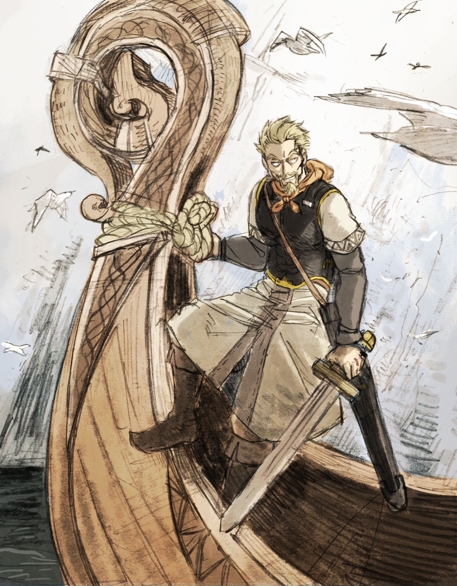 askeladd, vinland saga, hashtag-only commentary, highres, 1boy, aberdeenport, armor, bird, black armor, blonde hair, boat, boots, breastplate, brown boots, facial hair, goatee, grey shirt, hair slicked back, holding, holding sword, holding weapon, male focus, mature male, on boat, rope, shirt, short hair, solo, sword, viking, watercraft, weapon