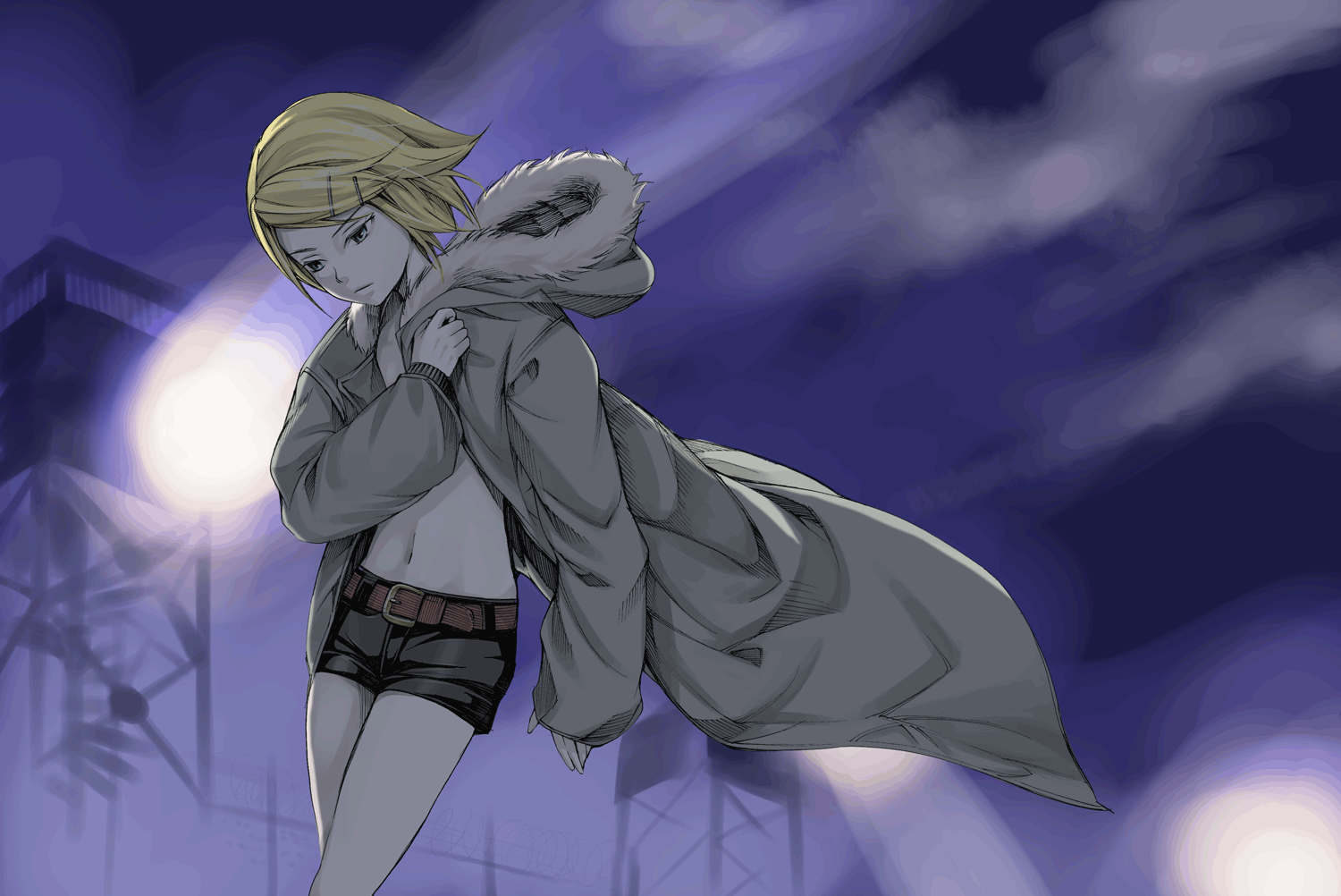 kyuu umi, kagamine rin, vocaloid, bad id, bad pixiv id, 1girl, aqua eyes, blonde hair, coat, female focus, hair ornament, hairclip, navel, short hair, short shorts, shorts, solo