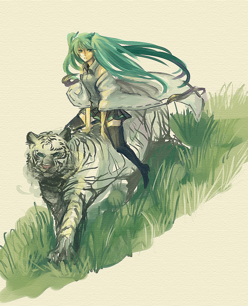 monzuki, hatsune miku, vocaloid, 1girl, aqua eyes, aqua hair, detached sleeves, faux traditional media, female focus, long hair, nature, necktie, outdoors, skirt, solo, speed painting, thighhighs, tiger, twintails, very long hair