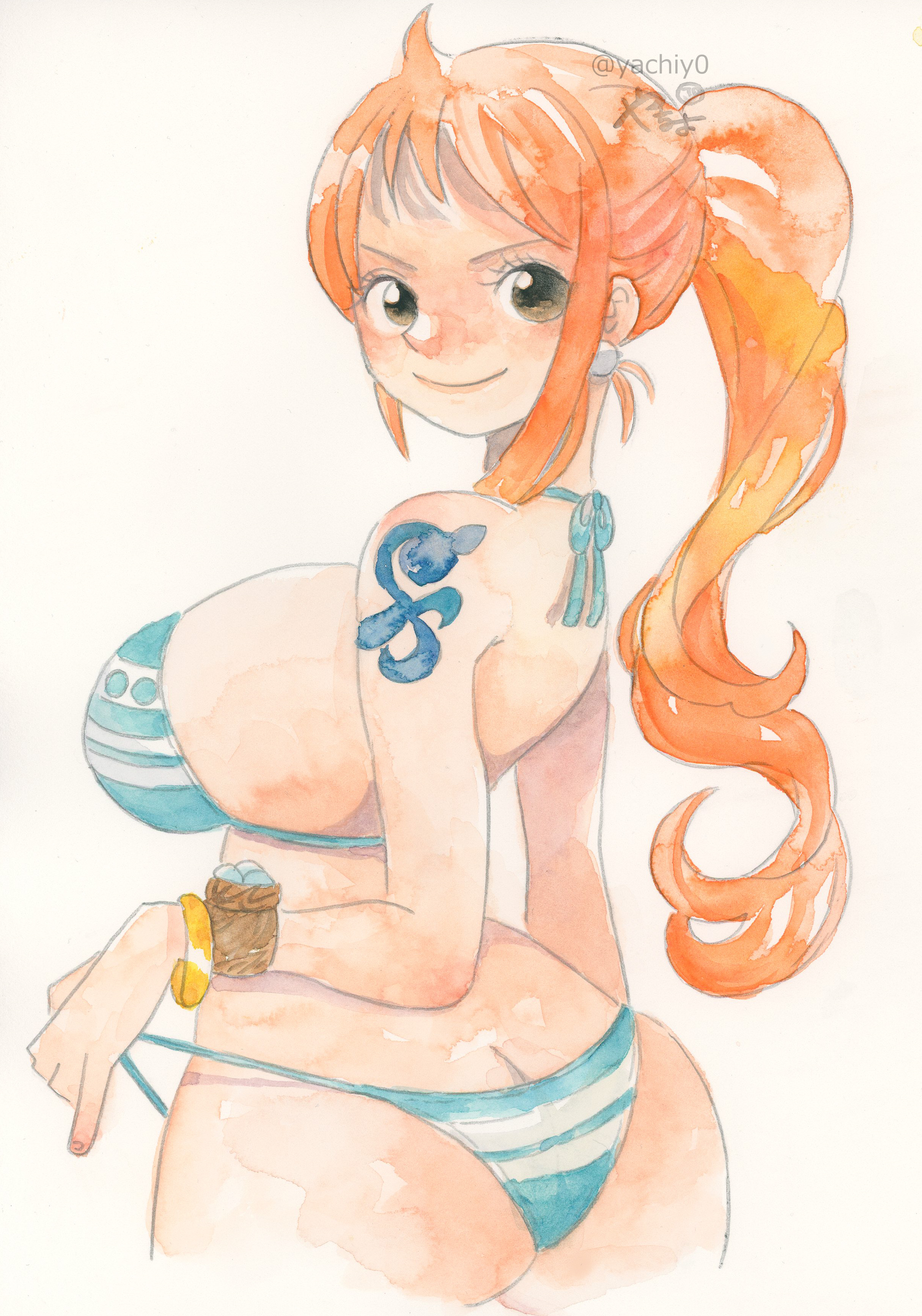 yachiy0, nami (one piece), nami (one piece) (return to sabaody), one piece, absurdres, highres, 1girl, adapted costume, ass, back, back-tie bikini, bangle, bikini, bracelet, breasts, butt crack, closed mouth, curvy, drink, earrings, food, fruit, green bikini, green eyes, high ponytail, holding, holding drink, huge ass, jewelry, large breasts, long hair, looking at viewer, looking back, orange (fruit), orange hair, pearl earrings, ponytail, shoulder tattoo, sideboob, sitting, skindentation, smile, striped bikini, striped clothes, swimsuit, tattoo, thong, thong bikini, wide hips
