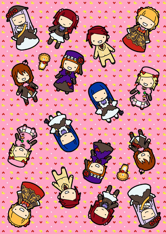 kashiwa kiseri, beatrice (umineko), eva beatrice, frederica bernkastel, lambdadelta, sakutarou (umineko), ushiromiya ange, ushiromiya battler, ushiromiya maria, virgilia (umineko), umineko no naku koro ni, silver hair, 00s, 1boy, 6+girls, blonde hair, blue hair, bow, brown hair, chibi, closed eyes, crown, dress, formal clothes, gloves, grin, hair bobbles, hair ornament, hat, long hair, multiple girls, orange hair, red hair, short hair, skirt, smile, suit, tail, thighhighs