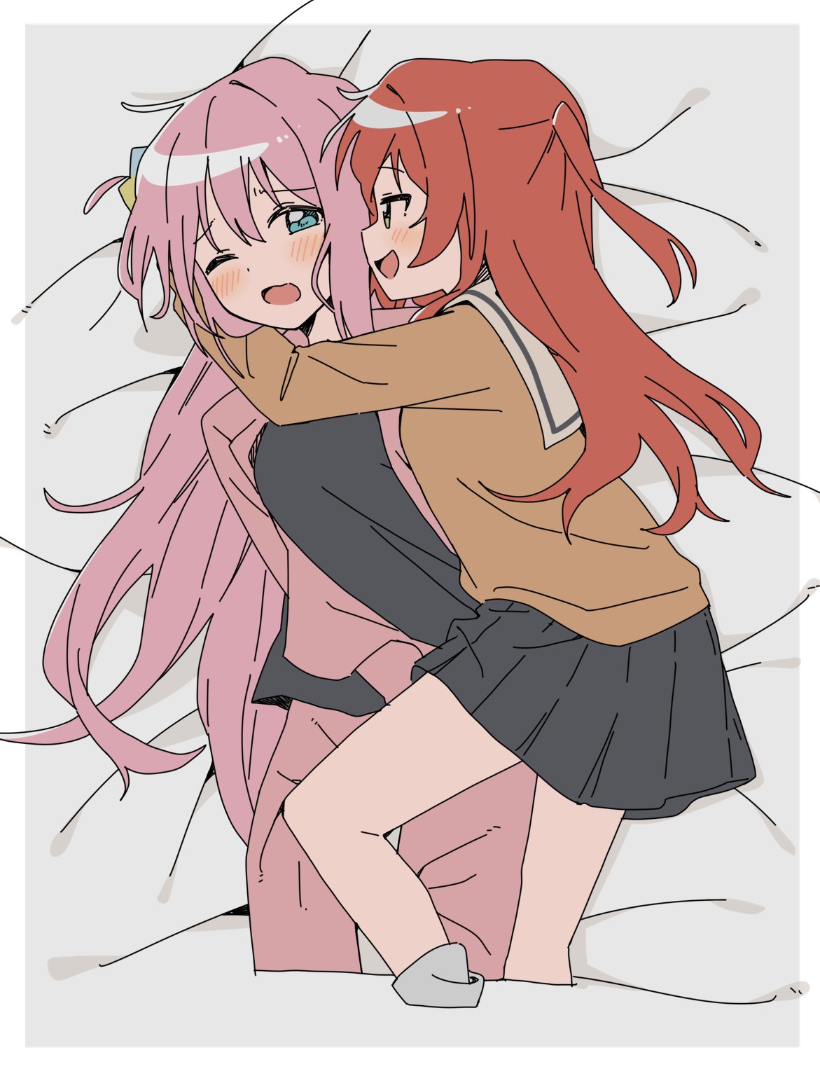 haru (konomi 150), gotoh hitori, kita ikuyo, bocchi the rock!, highres, 2girls, arms around neck, black shirt, black skirt, blue eyes, blush, brown shirt, cube hair ornament, green eyes, hair ornament, hug, jacket, long hair, multiple girls, one eye closed, one side up, open mouth, pink hair, pink jacket, pleated skirt, sailor collar, school uniform, serafuku, shirt, shuka high school uniform, skirt, smile, track jacket, white sailor collar, yuri