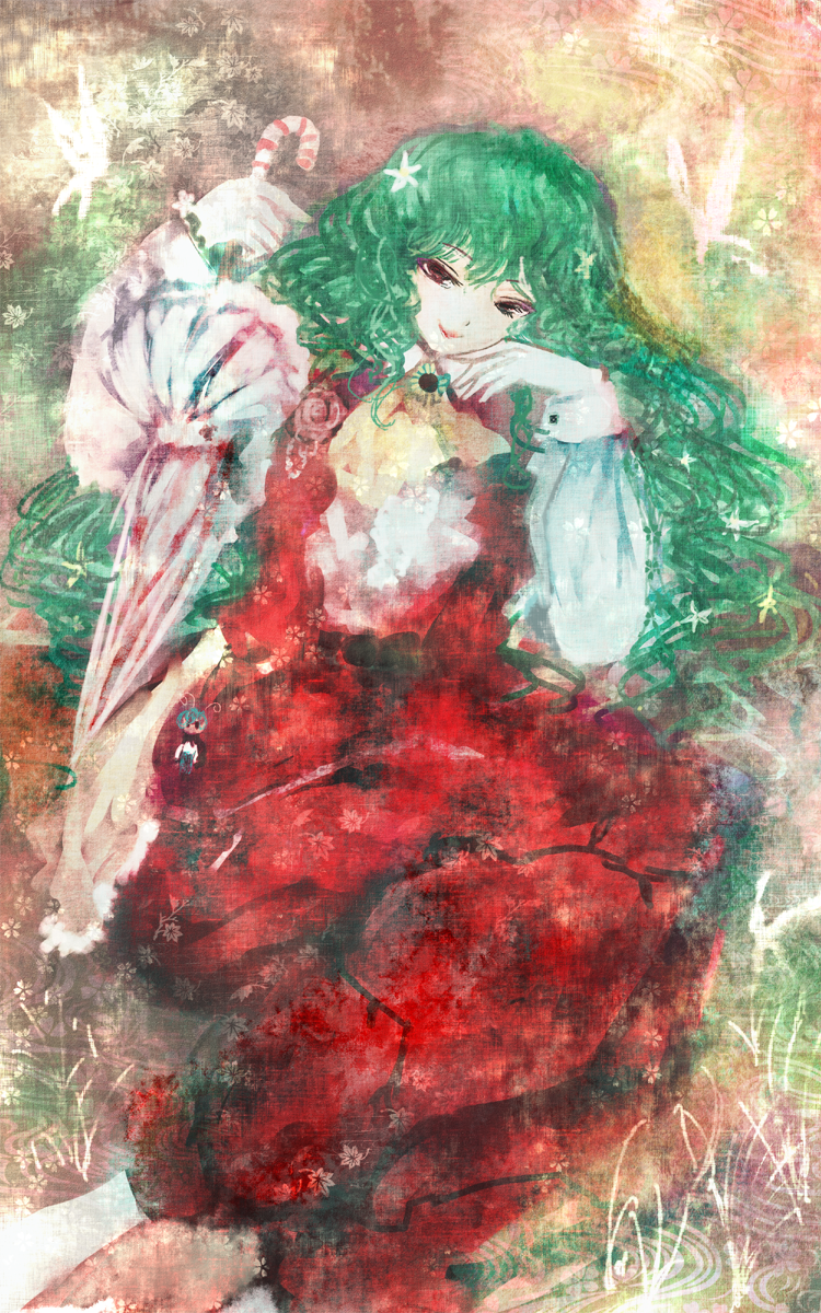 amii, kazami yuuka, kazami yuuka (pc-98), wriggle nightbug, mystic square, touhou, touhou (pc-98), bad id, bad pixiv id, highres, 1girl, antennae, ascot, bug, butterfly, cape, closed umbrella, female focus, green hair, head rest, insect, long hair, pants, parasol, smile, solo, umbrella, vest